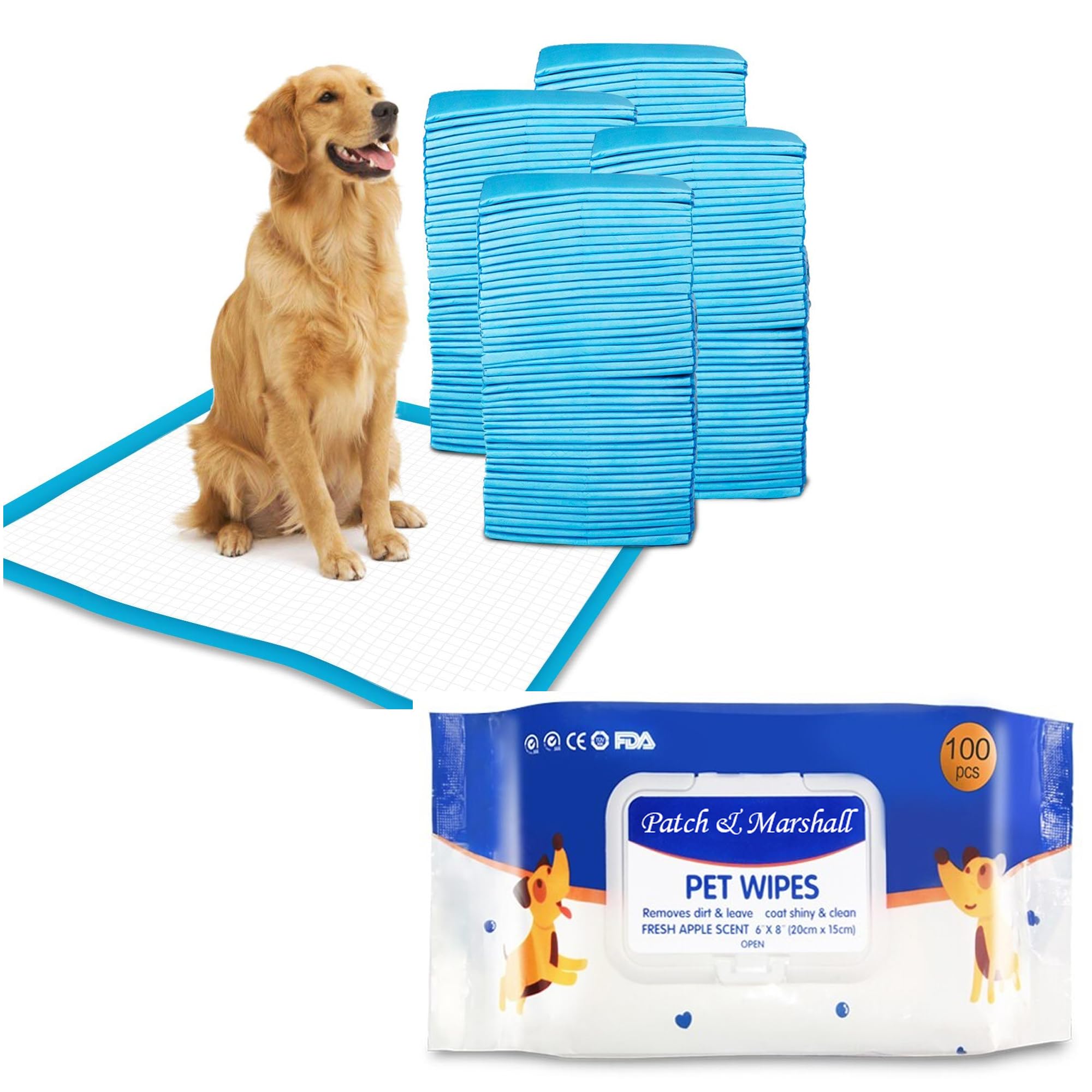 Patch & Marshall Pee & Potty Training Pads XL Pads with Adhesive Floor Strips Suitable for Puppies & All Breeds 90 x 60 cm Blue (25 Pads + 100 Wipes)