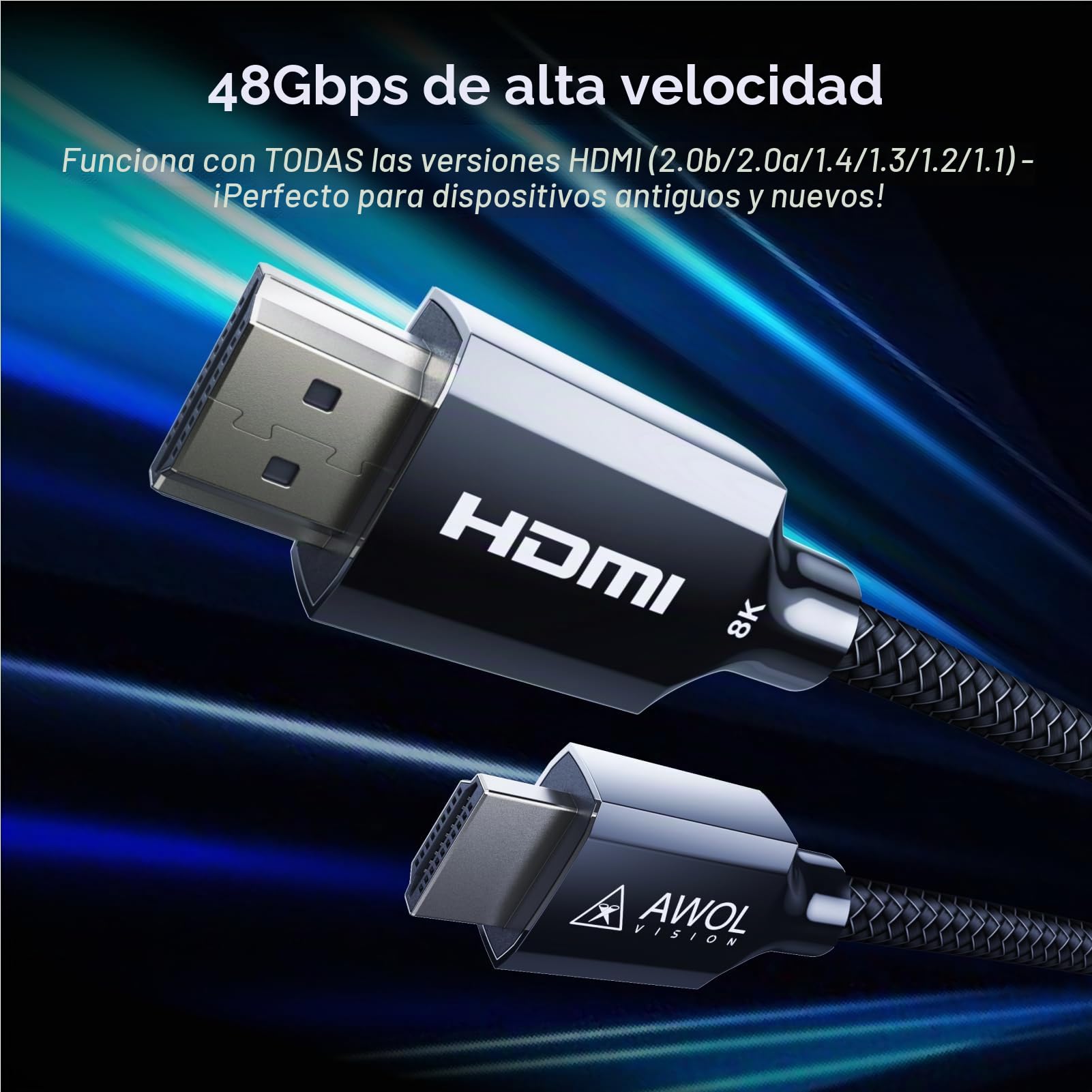 AWOL VISION Cable HDMI 2.1 Certificado 8K 2M, Cable HDMI Ultra Alta Velocidad 48Gbps 8K@60Hz, 4K@120Hz, 2K@144Hz, Compatible con PS5/Xbox/TV/PC/Proyector (HC-002)