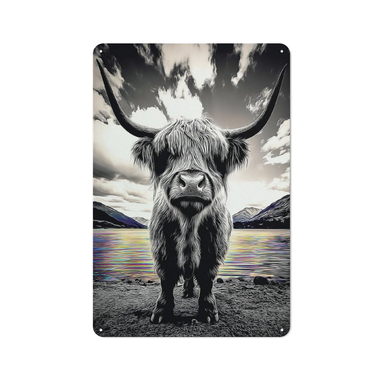 Junmoney Highland Cow By The Lake Rustic Metal Wall Decor 30X20cm, Decorative Tin Sign For Farmhouse Kitchen, Pantry Or Dining Area