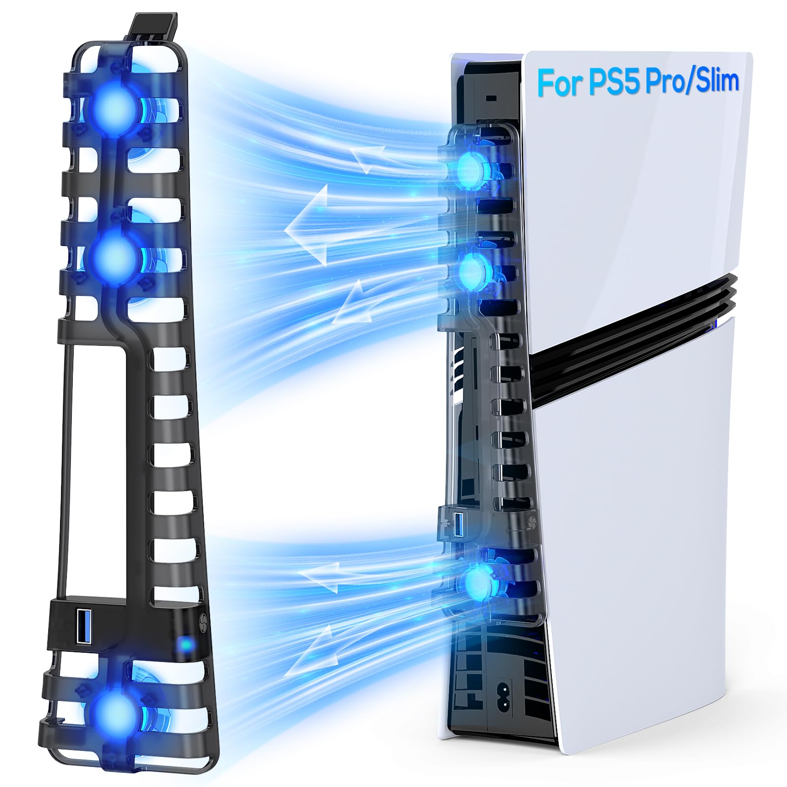 Ventola di raffreddamento automatica per PS5 Pro/PS5 Slim, porta USB 3.0, regolabile a 3 velocità, con luce LED, funzione di memoria, sistema di raffreddamento silenzioso ed efficiente per PS5