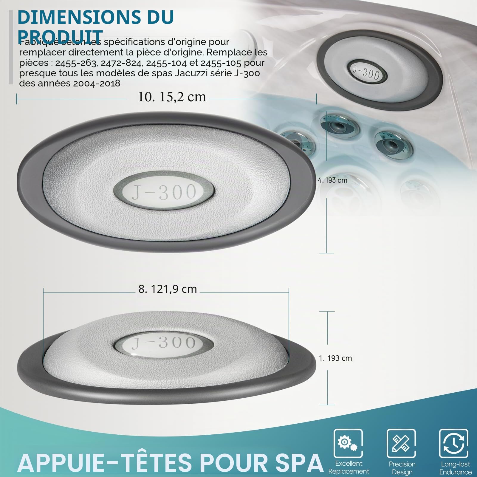 4 Pack 2472-824 Insert de Coussin Ovale pour Spa et Support Dorsal Compatible avec les Jacuzzi J-300 Série 2004–2018 & Spas, 2455-263 Coussins de Tête de Spa de Rechange - Support Amélioré