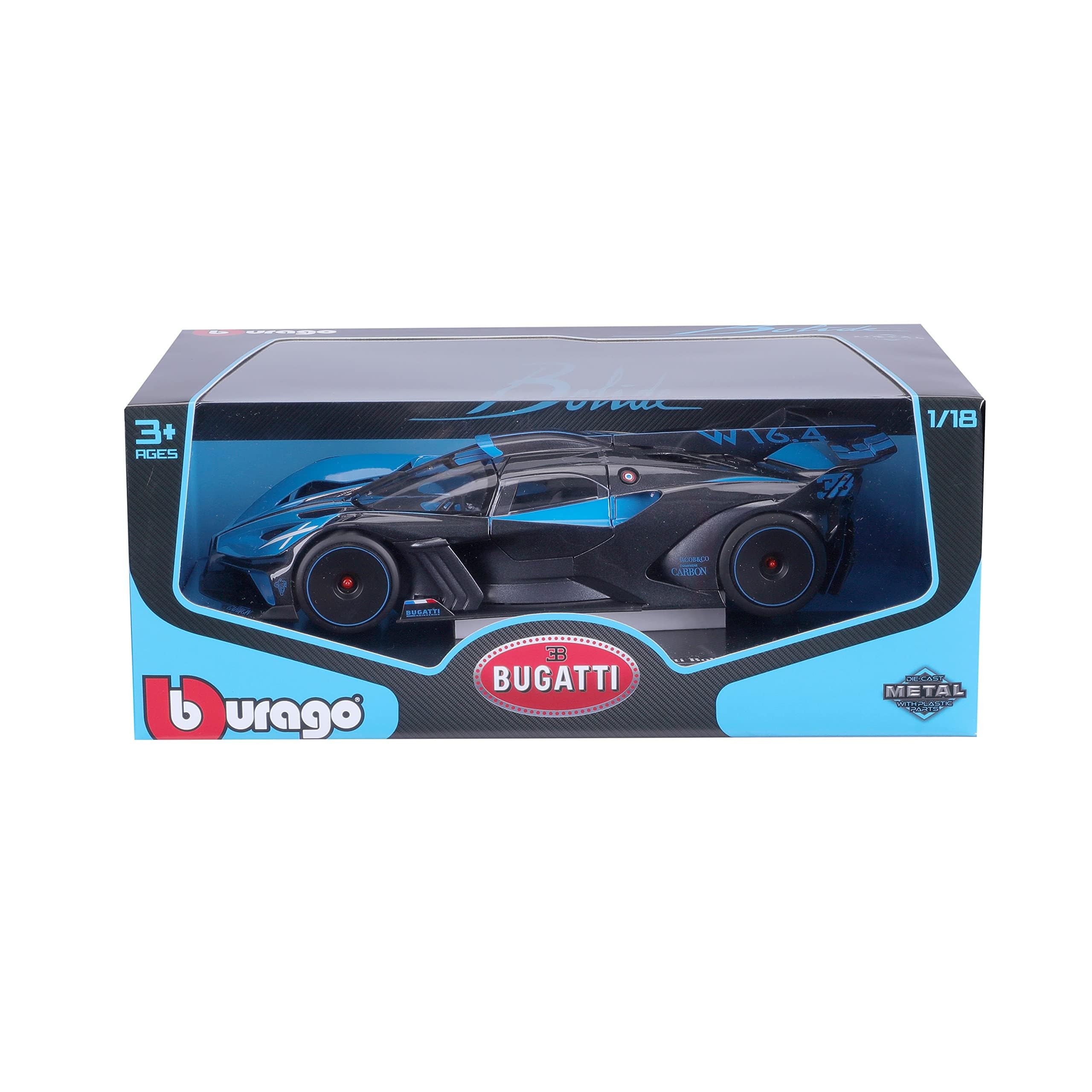 1:18 Scale Bugatti Bolide W16.4 2020 Diecast Car Model, Carbon/Blue