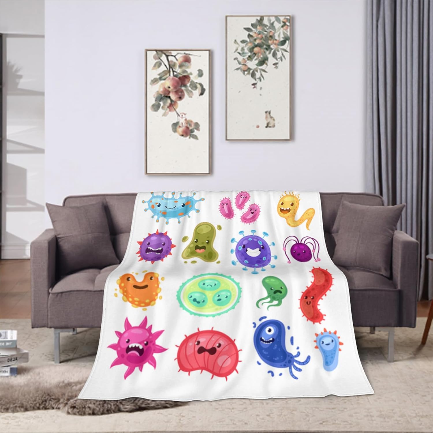 Throw Blanket 60x80 Inch,Cartoon Bacteria Emoticon Flannel Soft Cozy Fluffy Throw