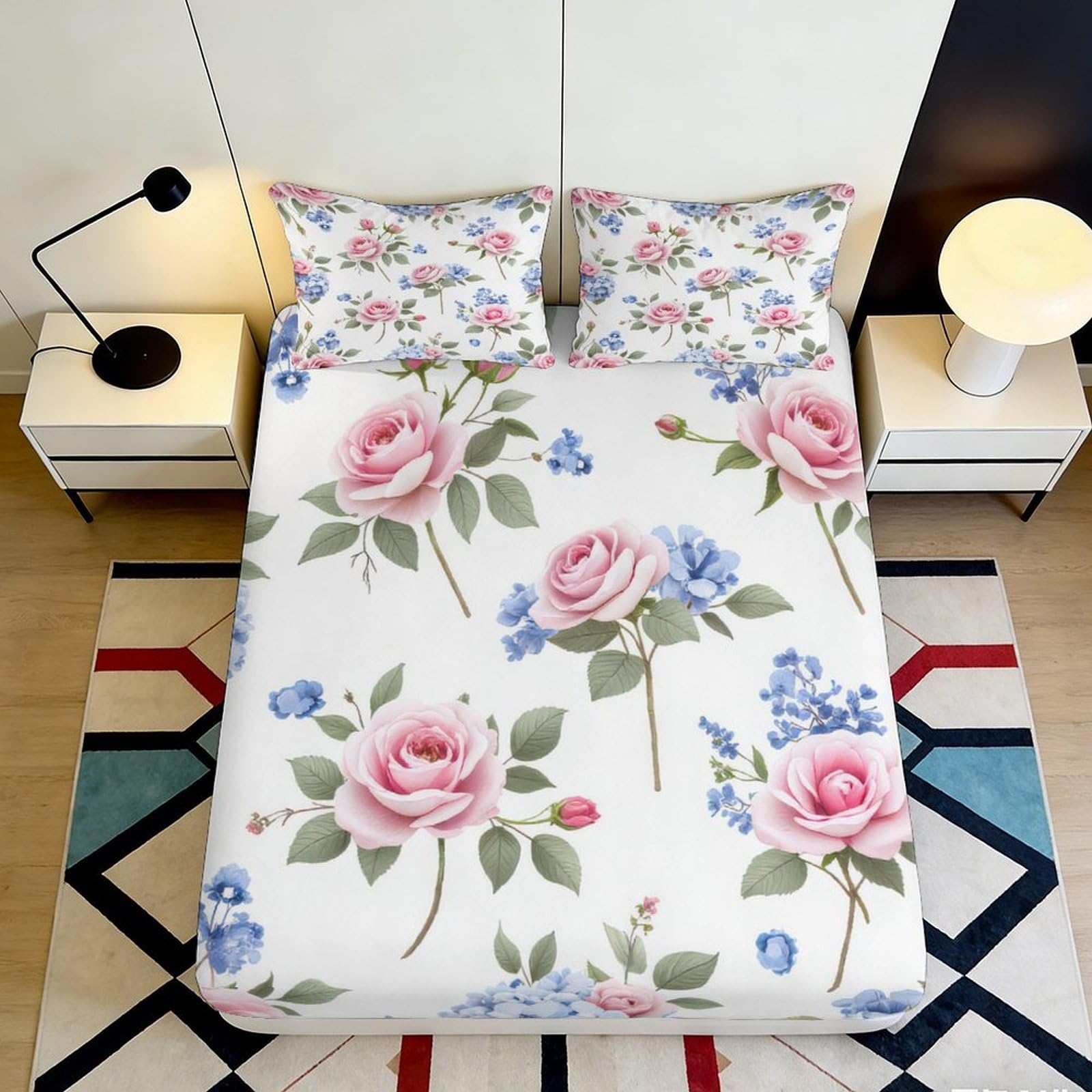 3D Printed Pink Rose Floral Fitted Sheet Microfiber Soft Breathable Blue Hydrangea Bed Cover for Bedroom Dormitory Guest Room Mattress Protection Decor 160x200x25cm