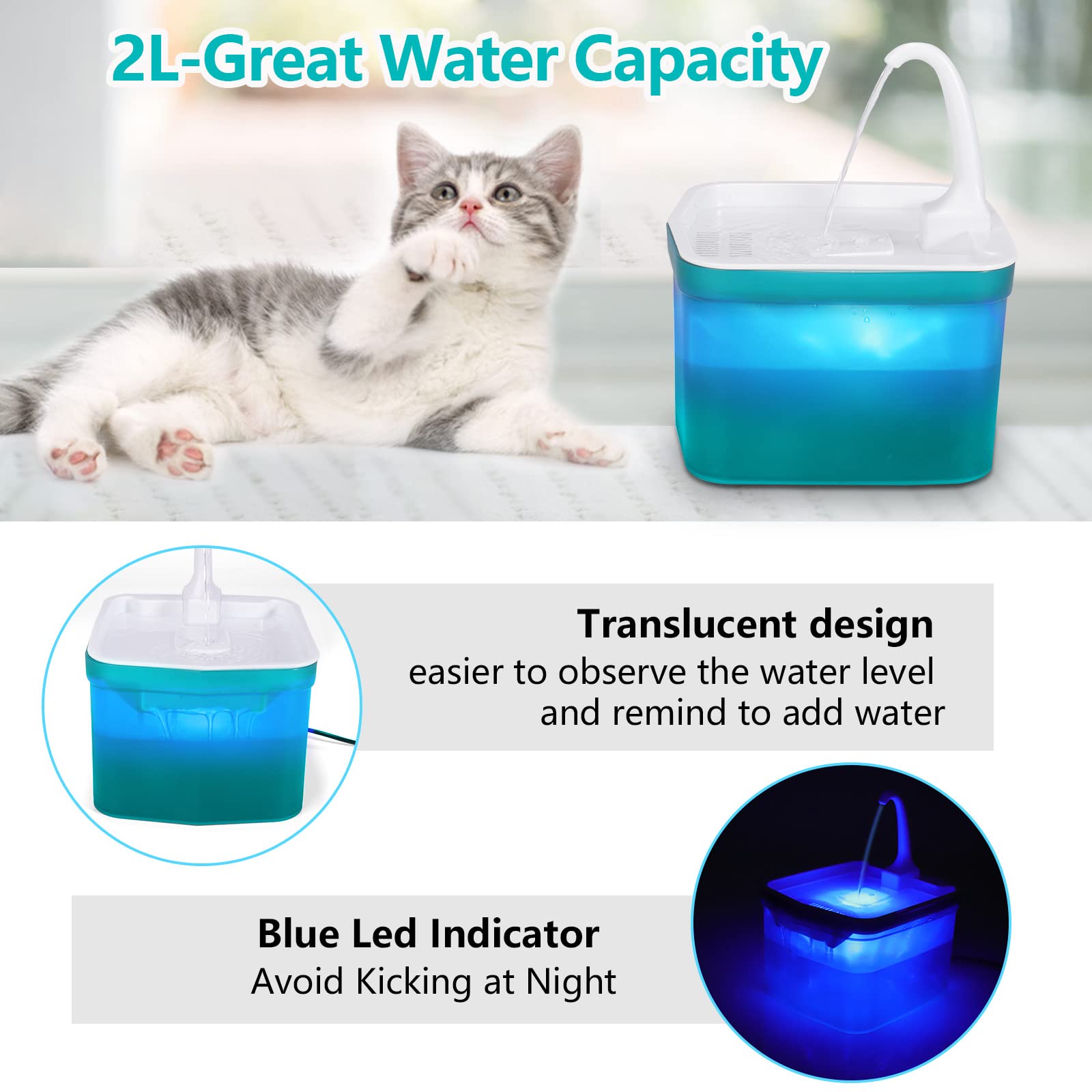 Fontana per acqua per gatti, ciotola automatica elettrica per cani, fontanella ultra silenziosa per cani e gatti di piccola e media taglia (2 L)