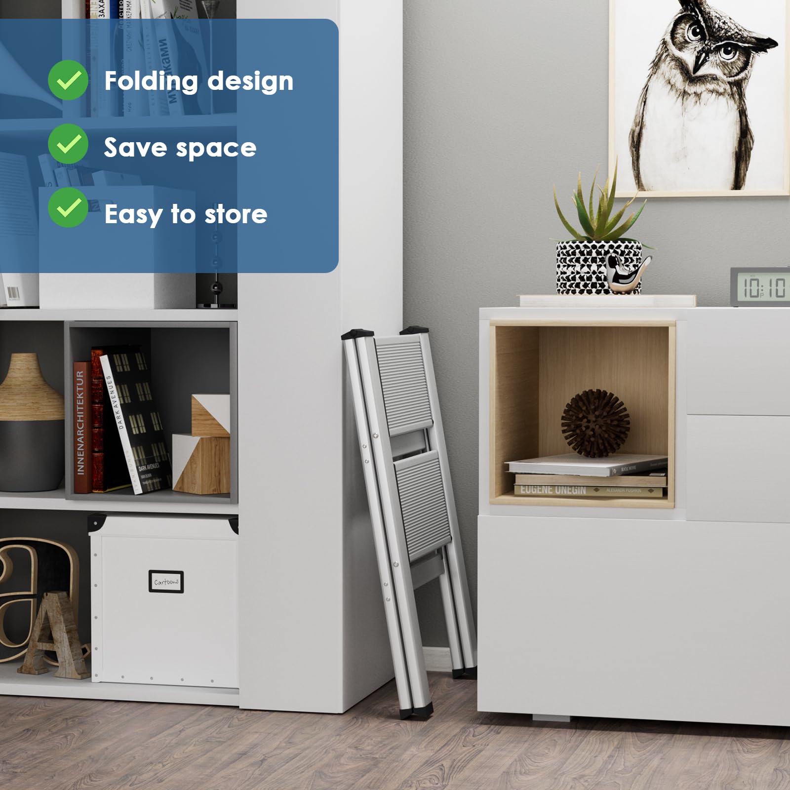 TLGREEN Aluminiowa drabina 2-stopniowa, składana, odporna na rdzę, antypoślizgowa, do gospodarstwa domowego, wielofunkcyjna, zajmuje mało miejsca, obciążenie do 150 kg, do kuchni, gospodarstwa