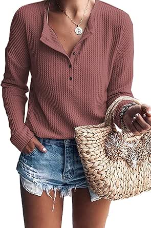 MOLERANI Womens Waffle Knit Tunic Tops Loose Long Sleeve Button Up V Neck Henley Shirts