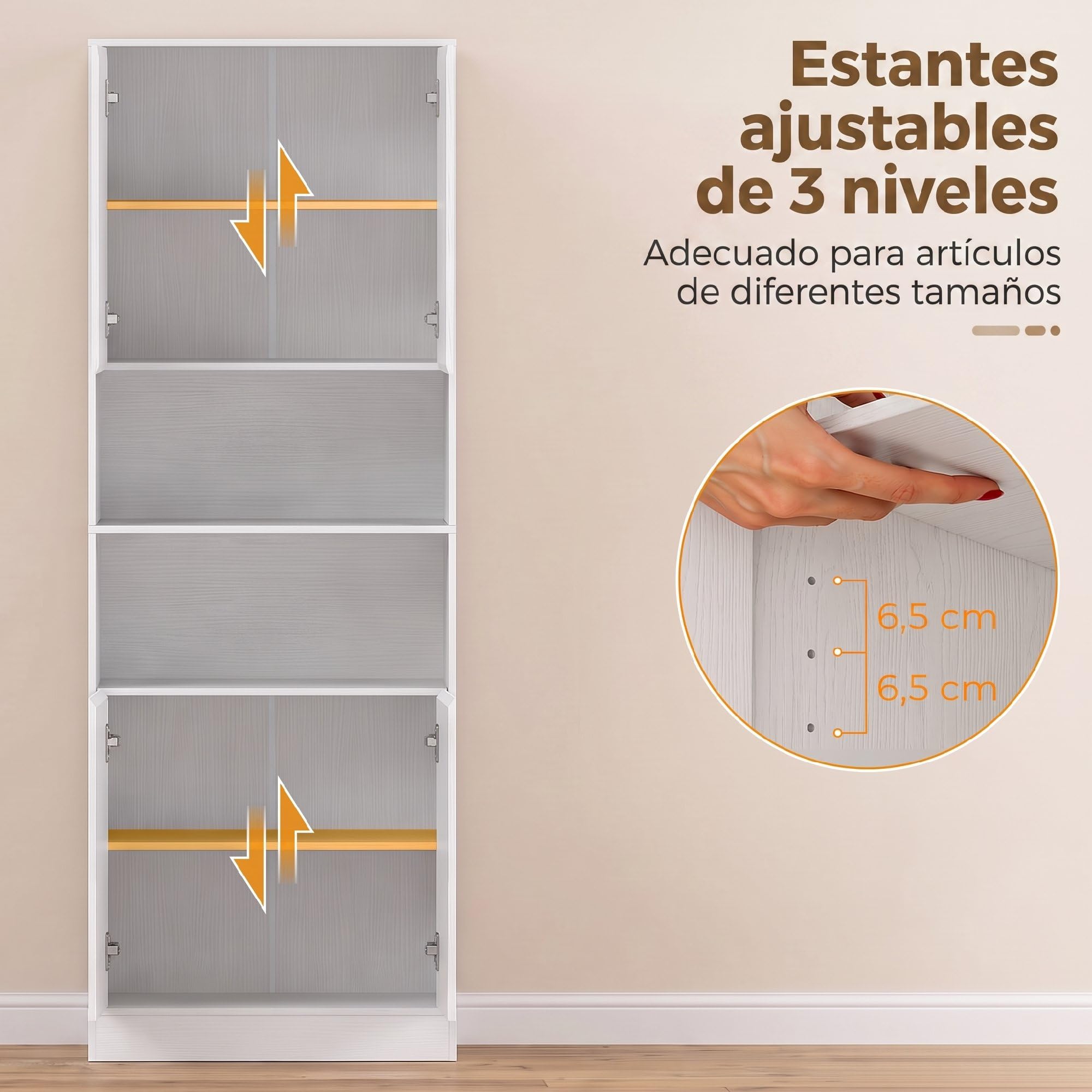 HOMCOM Alacena de Cocina Alta 4 Puertas, Cierre Suave 60x30x170 cm Blanco | Mueble Auxiliar de Cocina, Estantes Ajustables, 2 Compartimentos Abiertos, para Comedor, Salón