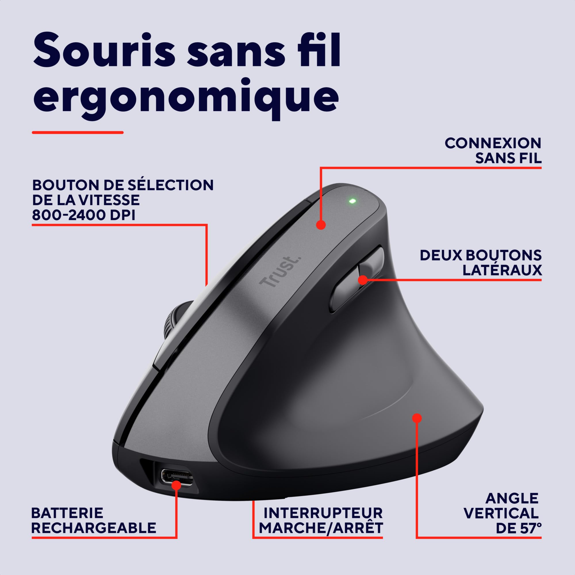 Trust Yuno Souris Ergonomique sans Fil, Souris Verticale Rechargeable, Récepteur USB 2,4GHz, DPI Réglable (800-2400), Capteur Optique, 6 Boutons, 70% Plastique Recyclé, Macbook, Ordinateur, HP - Noir