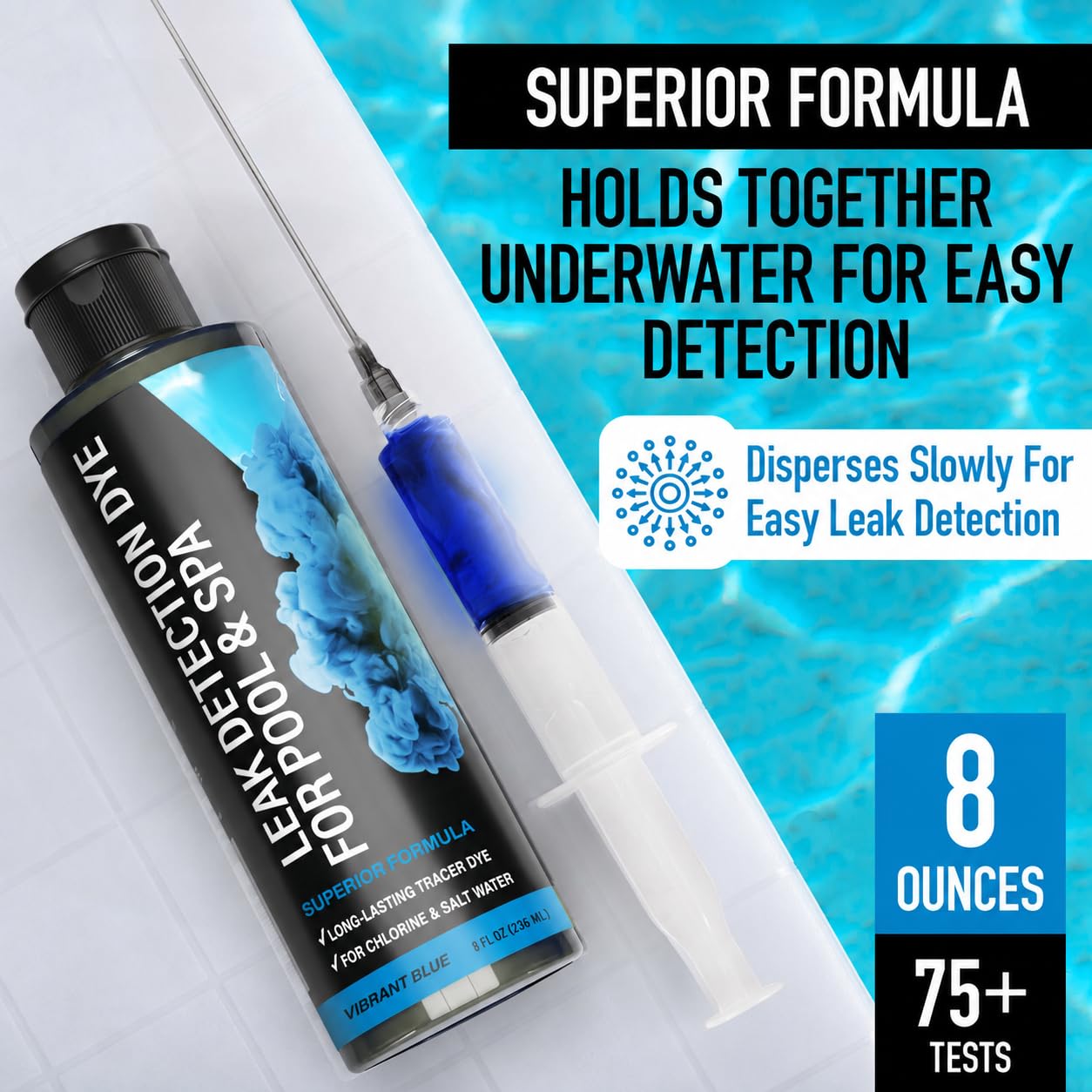Kit de tinte para detección de fugas de piscina, más de 75 pruebas, 2 aplicadores de precisión de acero inoxidable, tinte superior de larga duración para alberca que localiza fácilmente fugas, para