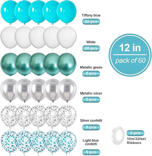 Miniatura 2 de Juego de globos de color verde azulado, 60 globos de cumpleaños azules y plateados, globos de látex verde azulado de 12 pulgadas, globos de confeti