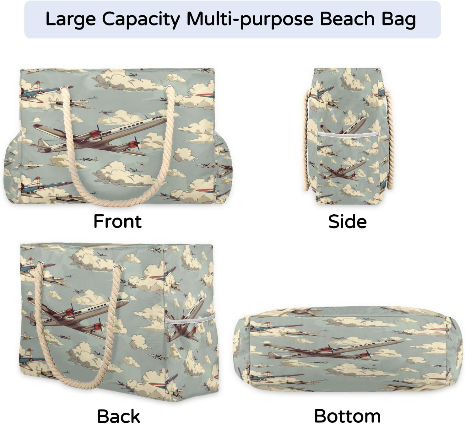 Cartoon Airplanes Clouds Beach Bag for Women Waterproof Sandproof Tote with Zipper Cotton Rope Handles for Travel Pool Gym Shopping