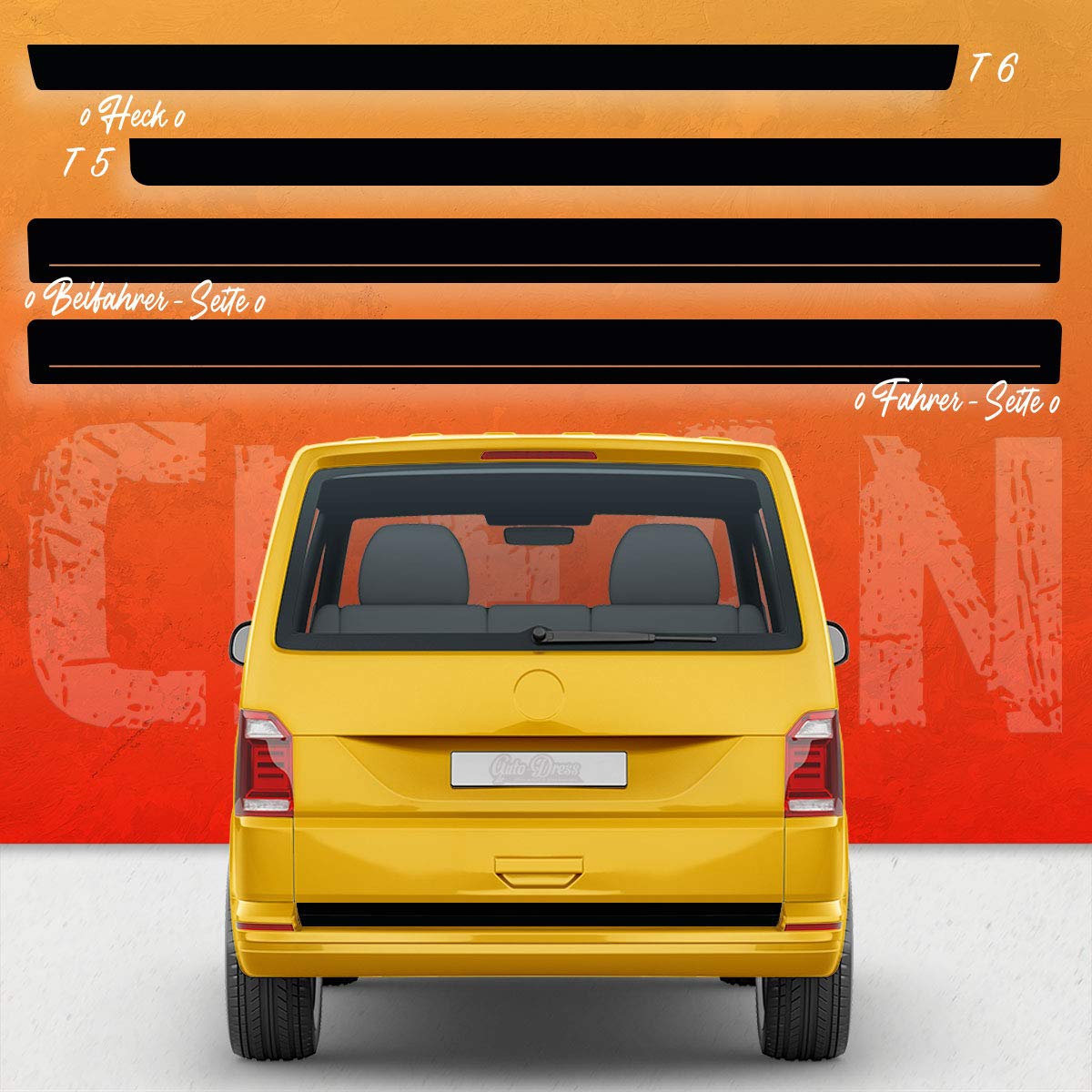 Auto-Dress® Lot De Bandes Latérales Autocollantes Pour VW T4 T5 T6 Bus - Édition Originale Noir Mat Empattement Court - Personnalisable