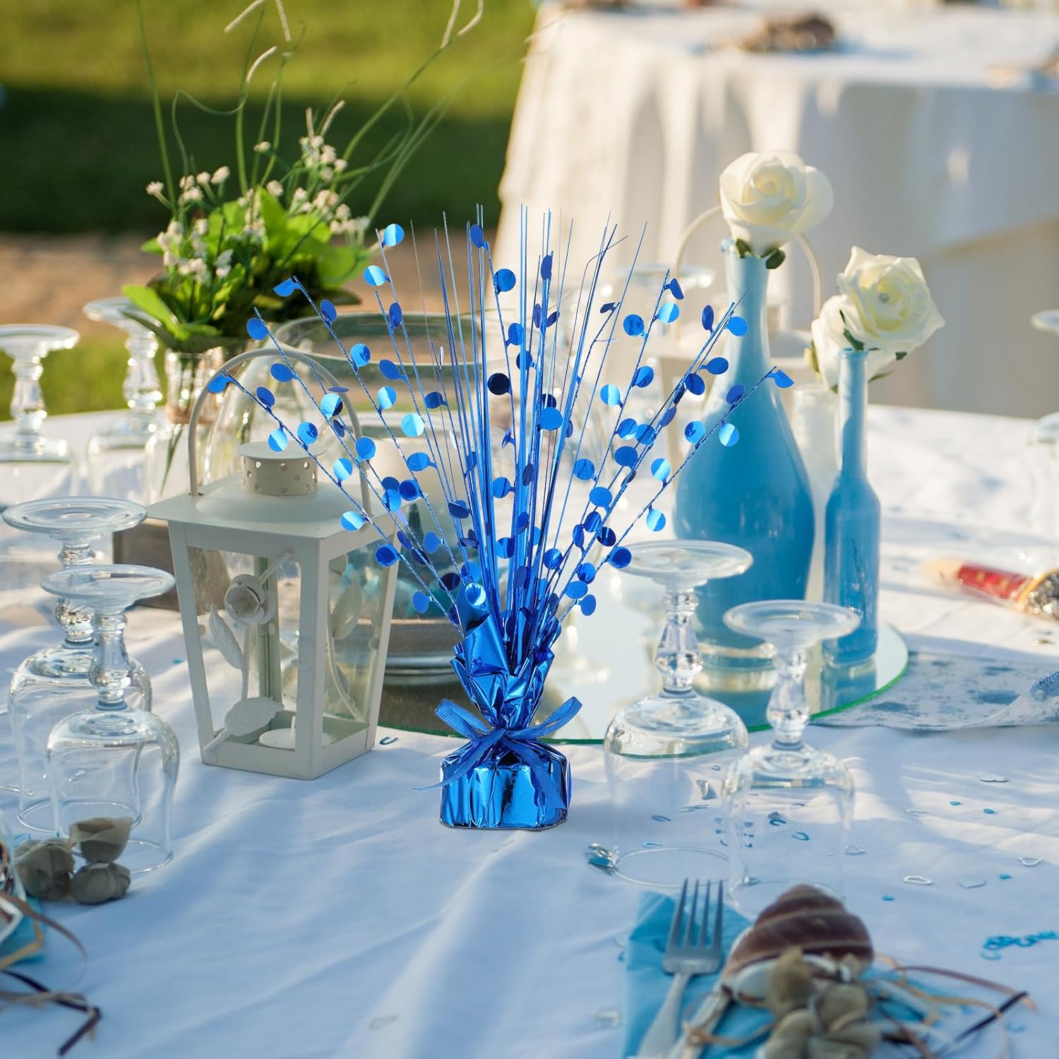 Crowye 6 Pcs Blue Metallic Foil Spray Centerpiece Table Decoration Blue Round Spray Centerpiece for Party Table Decor for Holiday Birthday Party