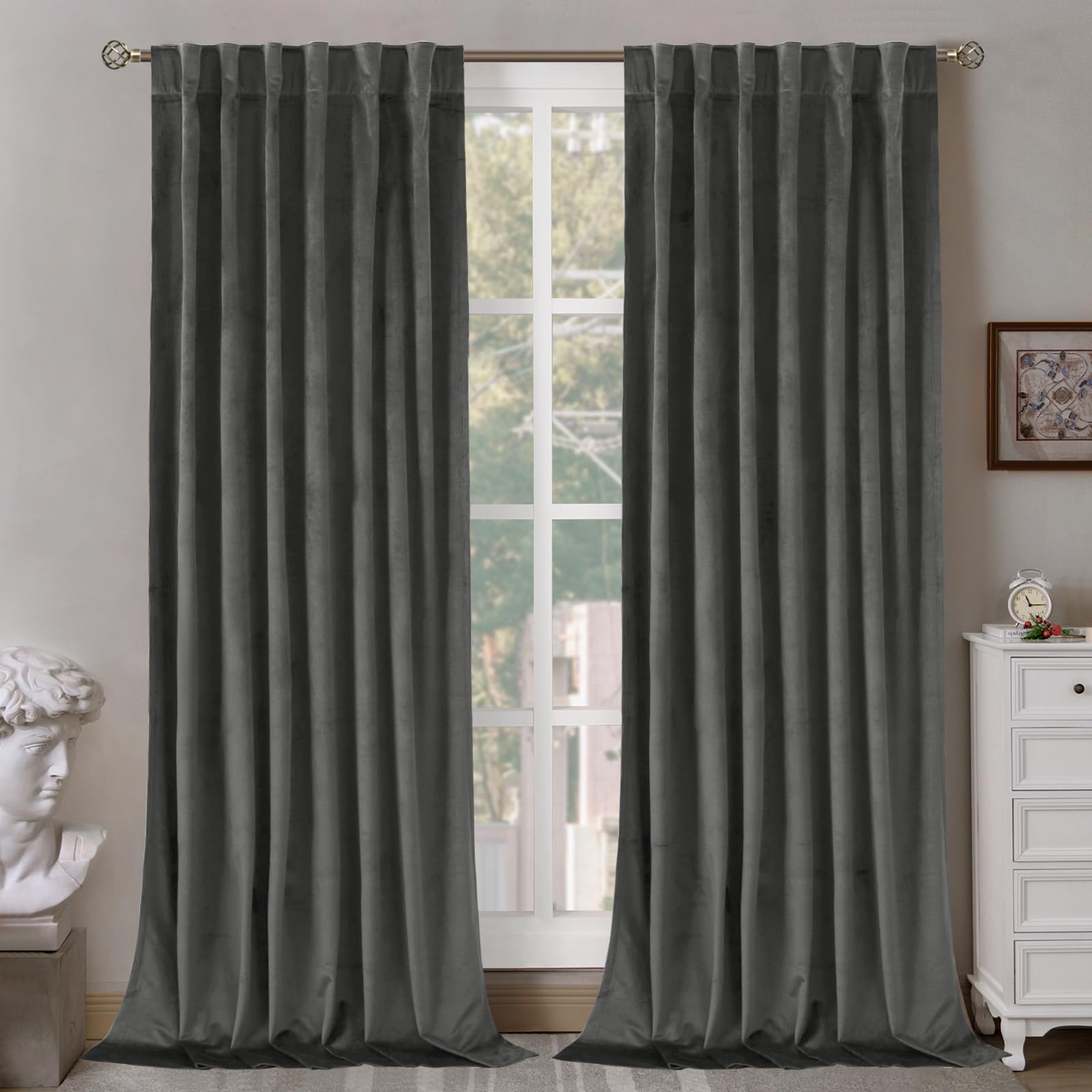 BGment Grey Velvet Curtains 84 inches Long, Thermal Insulated Blackout Curtains Noise Reduce Back Tab and Rod Pocket Luxury Panels for Bedroom/Living Room, 2 Panels, 52 x 84 Inch
