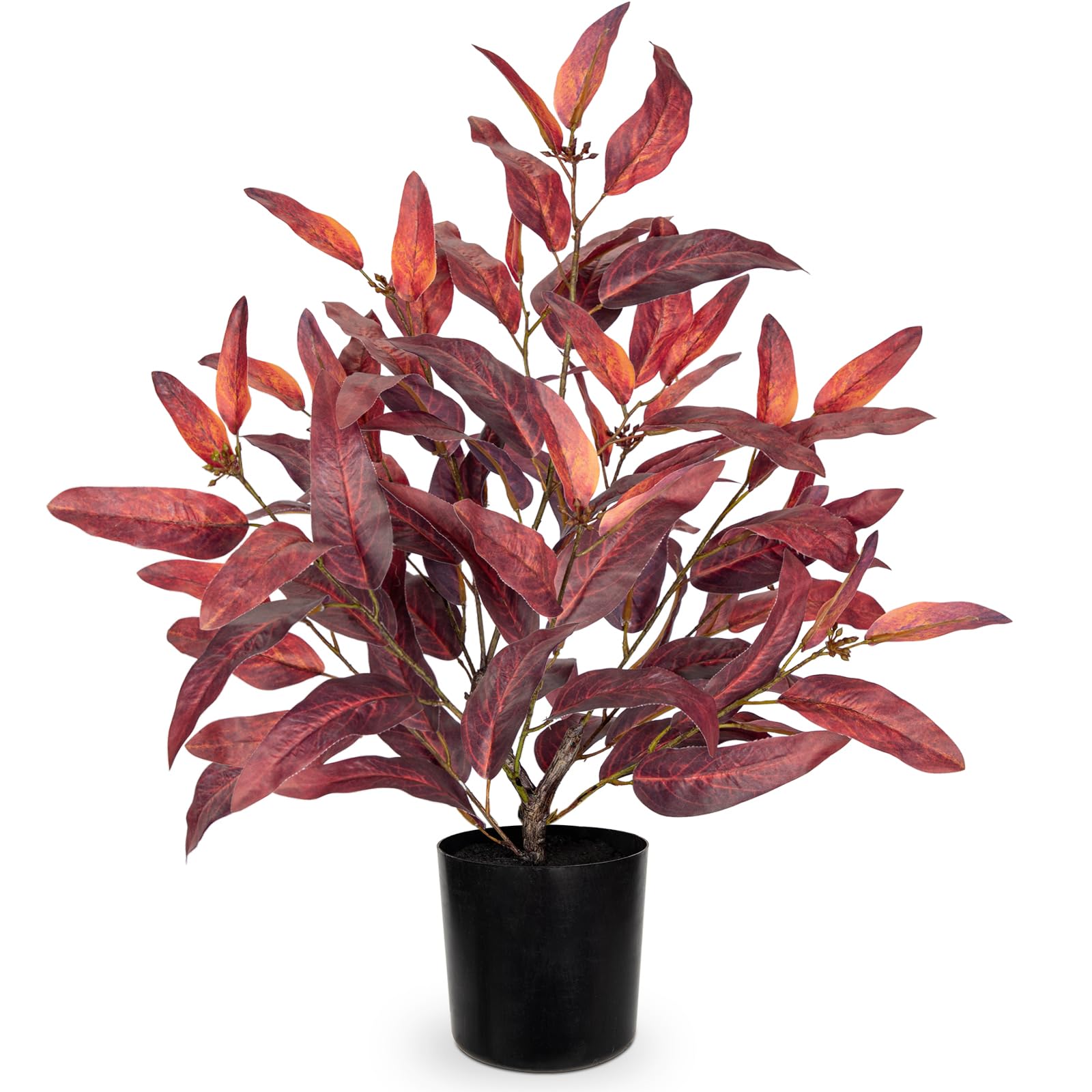 Briful Pianta artificiale con foglie bordeaux in cesto, alta 48,9 cm, pianta di eucalipto in vaso con foglie rosso intenso, vaso nero classico, decorazione autunnale da tavolo per casa, ufficio