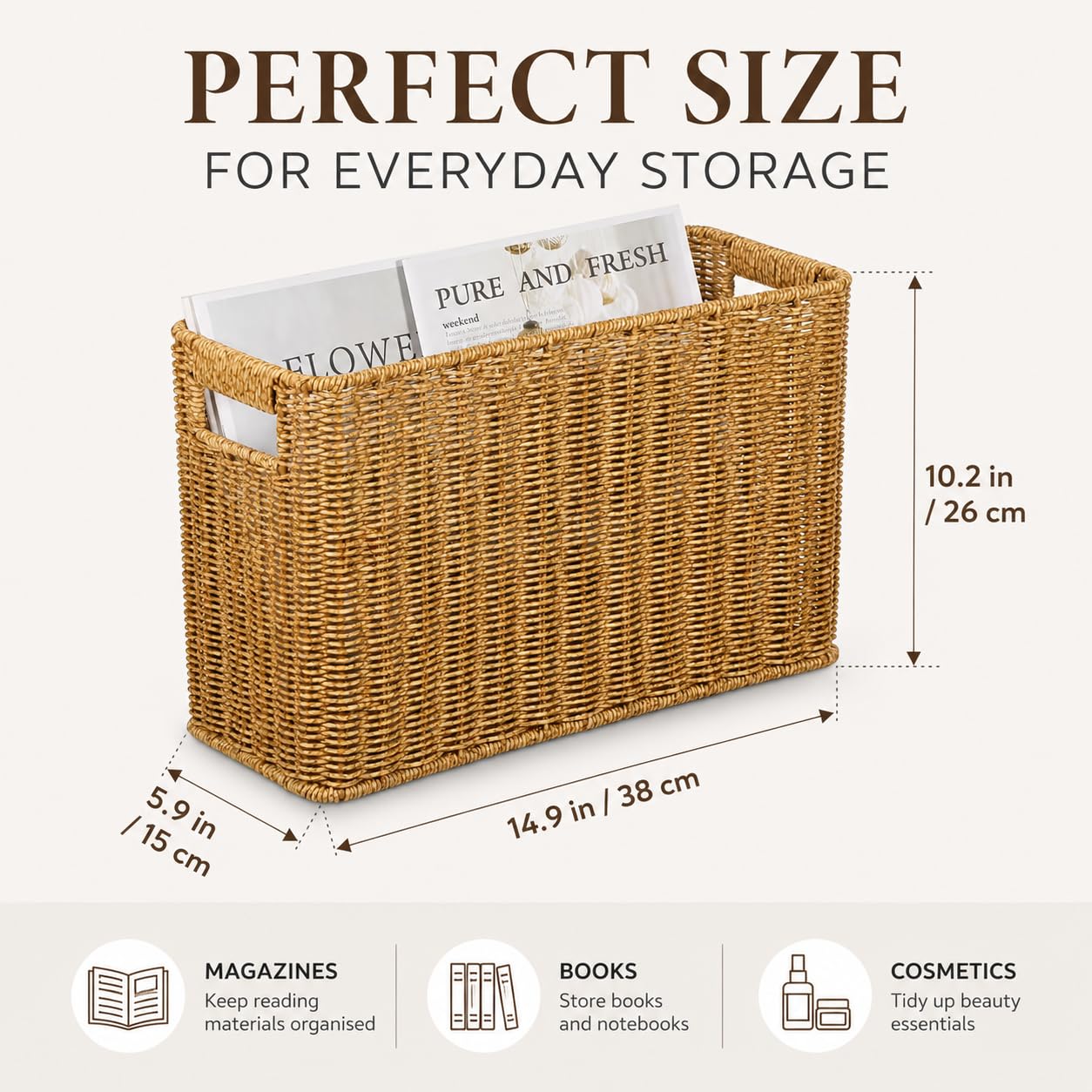 Healeved Panier de rangement tressé style rotin porte-revues avec poignées | Grand panier de rangement aspect rotin naturel pour magazines, livres, collations, cosmétiques et utilisation à domicile