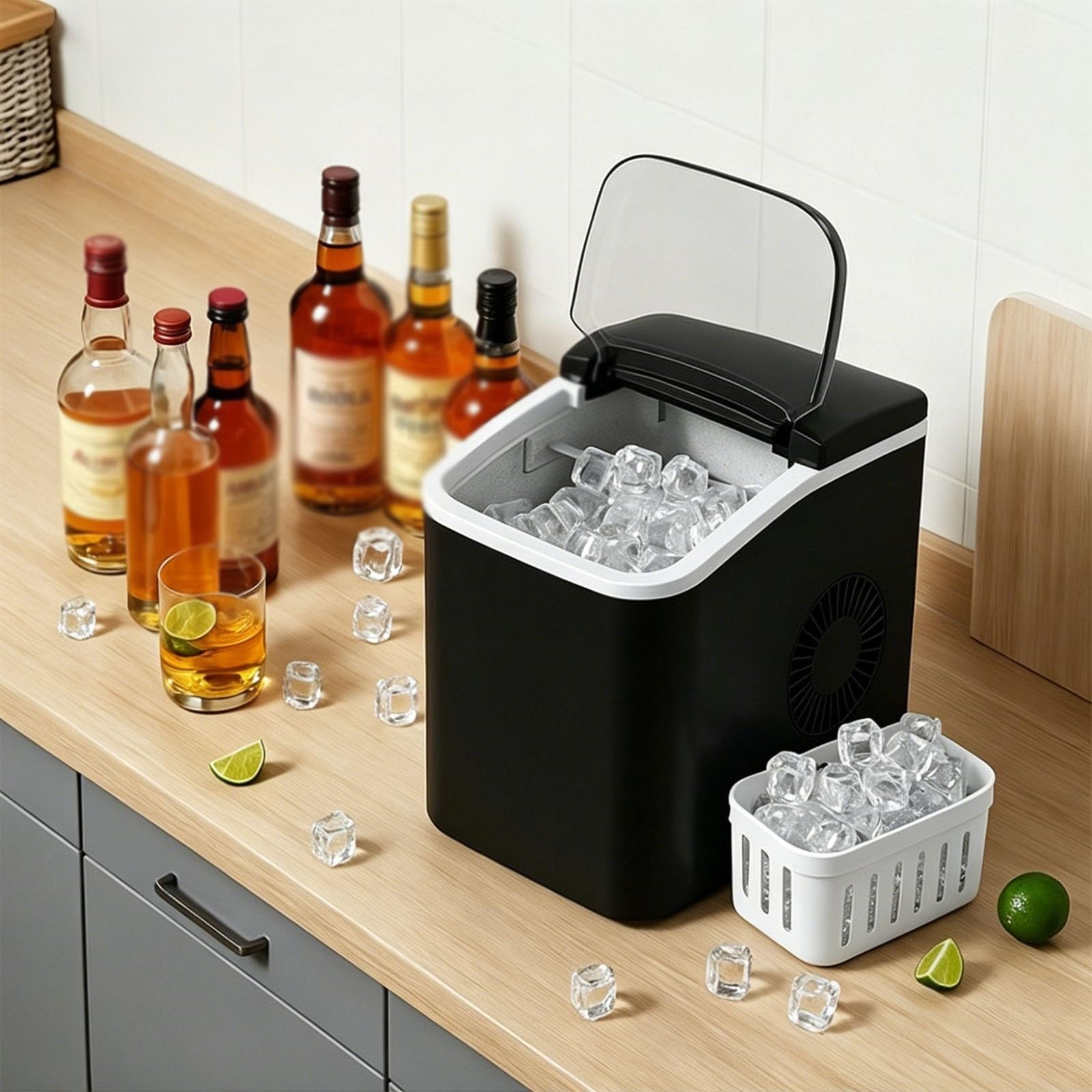 Fabbricatore di ghiaccio da tavolo, produttore di ghiaccio automatico, ghiaccio regolabile, rilevamento infrarossi, avviso acqua, per negozi di tè, caffetterie, campeggio(B)