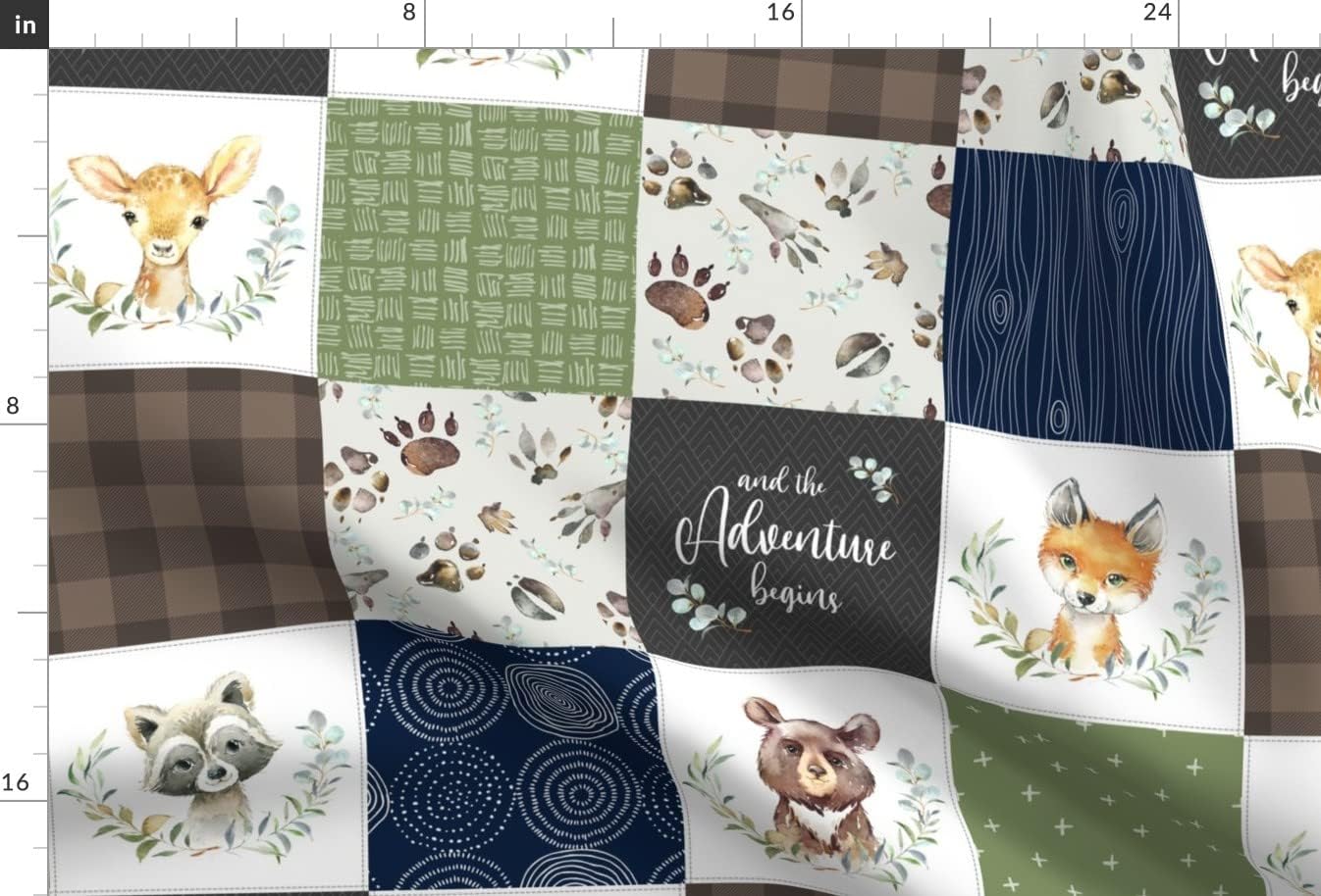 Spoonflower Fabric - Cute Woodland Forest Nursery Blue Brown Green Cheater Quilt Deer Bear Printed on Minky Fabric by The Yard - Sewing Baby Blankets Quilt Backing Plush