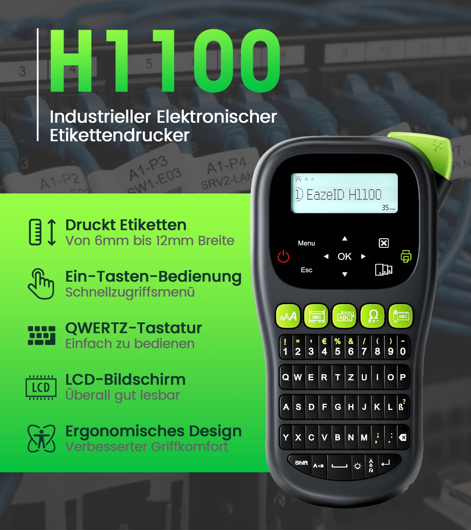 H1100 etichettatrice portatile industriale, LCD retroilluminato, include 4 nastri BZ da 12mm. Stampante etichette marcatura cavi per industria, ufficio e officina