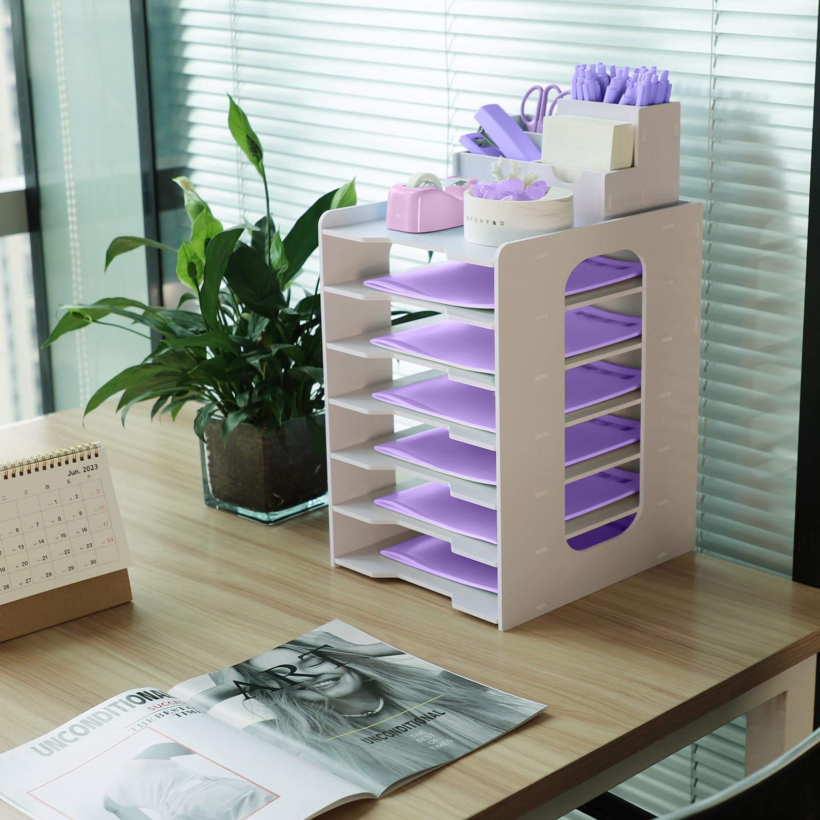 Bac à courrier A4 7 niveaux, organiseur de bureau empilable avec porte-stylo blanc