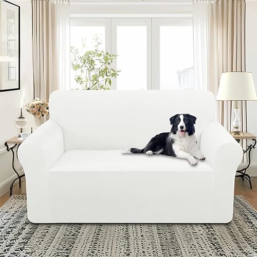 Miniatura 2 de U-NICE HOME Fundas de terciopelo para sofá biplaza, funda elástica para sofá, protector de muebles, funda para sofá para perros (Mediana, blanco