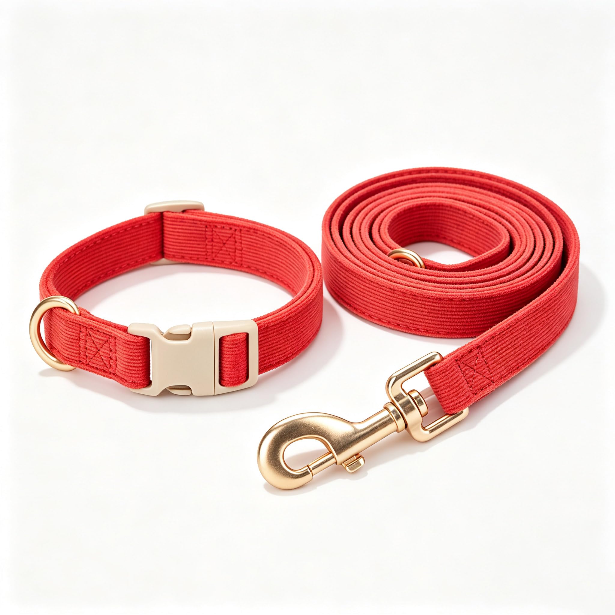 YUDOTE Red Corduroy Dog Collar & Leash Set Plastic Buckle Metal Clip S