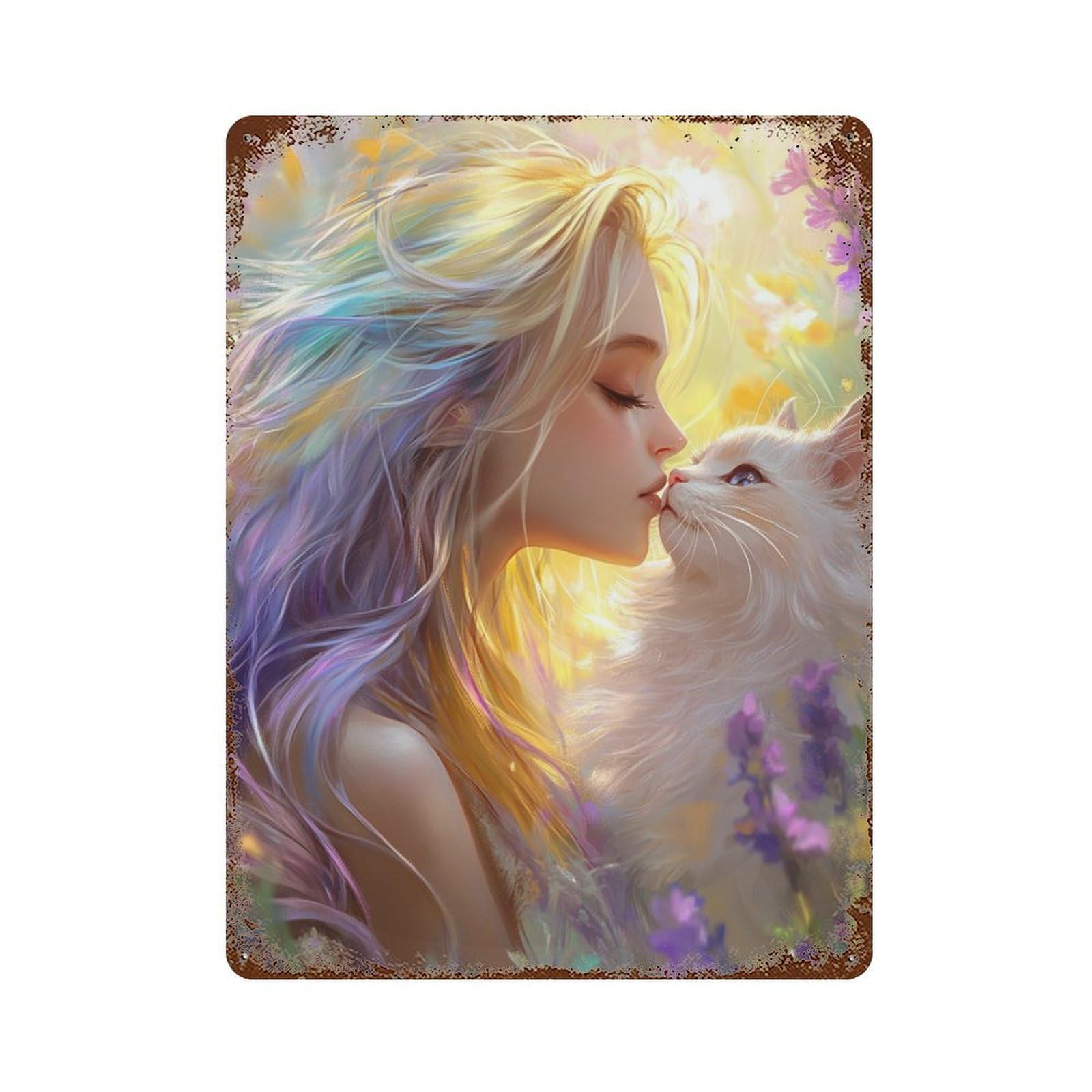 Fantasy Girl Kissing Cat Distressed Metal Wall Sign 15.7"x11.8", Rustic Home Decor for Living Room, Hallway And Home Decor