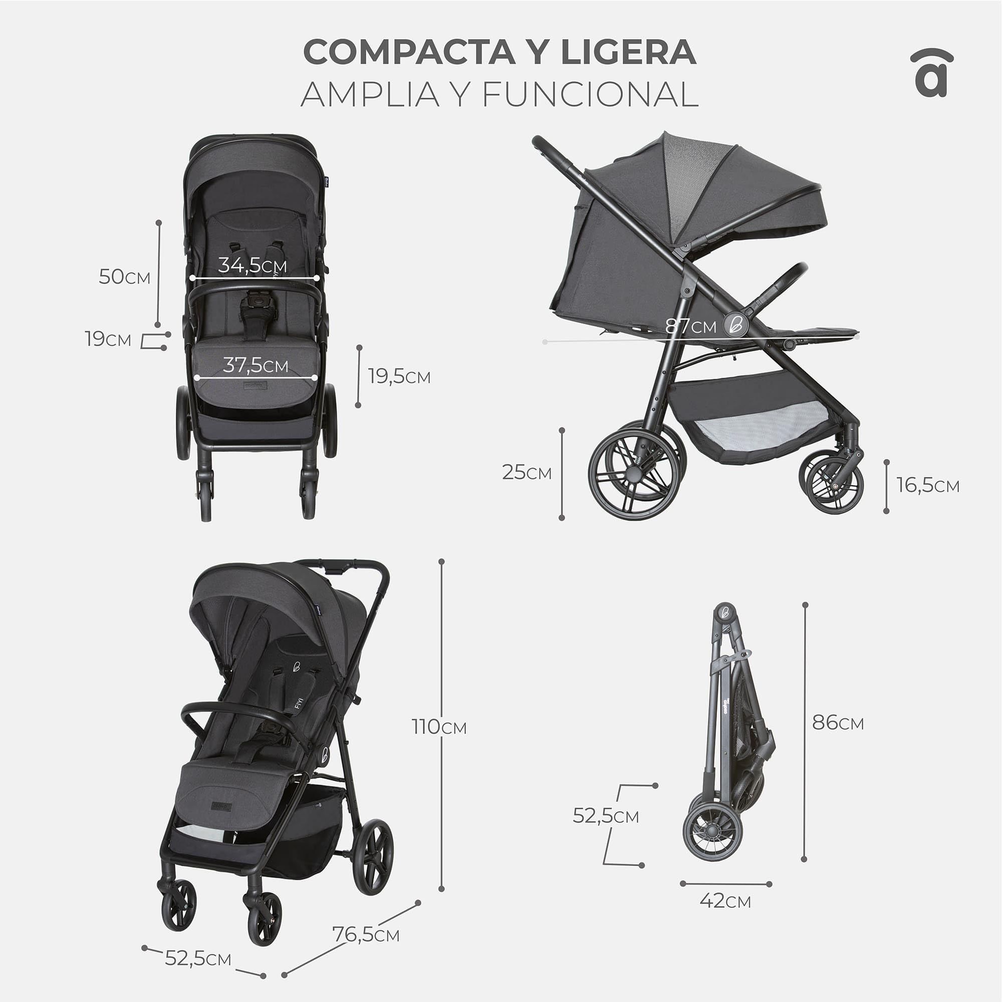 Asalvo FIYI Silla de Paseo, Carrito bebé, Carro para bebés, Confortable, Ultraligera, Segura, Capota con Ventana y Freno Trasero, Manejable, Plegado compacto, Carga Máxima 24 kg, Negro