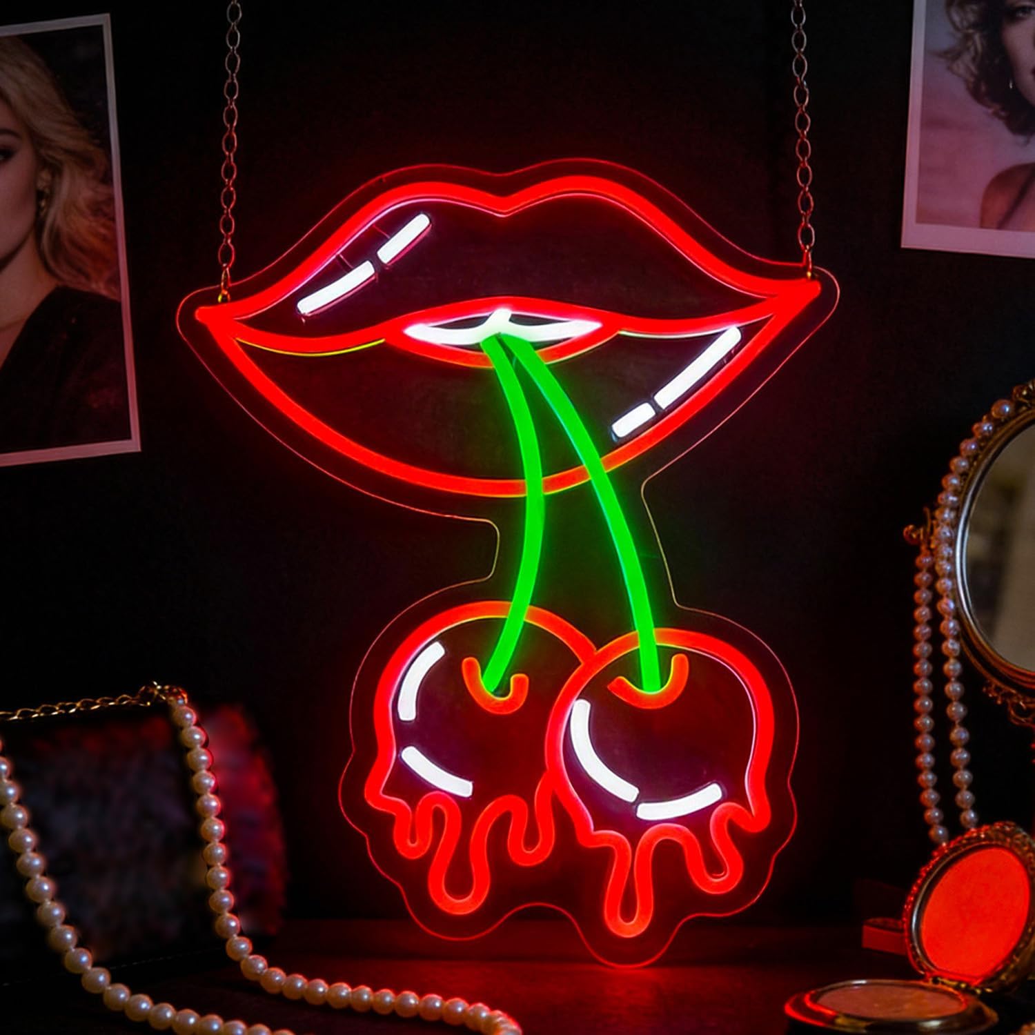Red-Lipped Cherry Neon Sign Bar Led Neon Lights Signs for Wall Decor USB Powered Led for Room Decoration Home Bar Game Room Party Decor