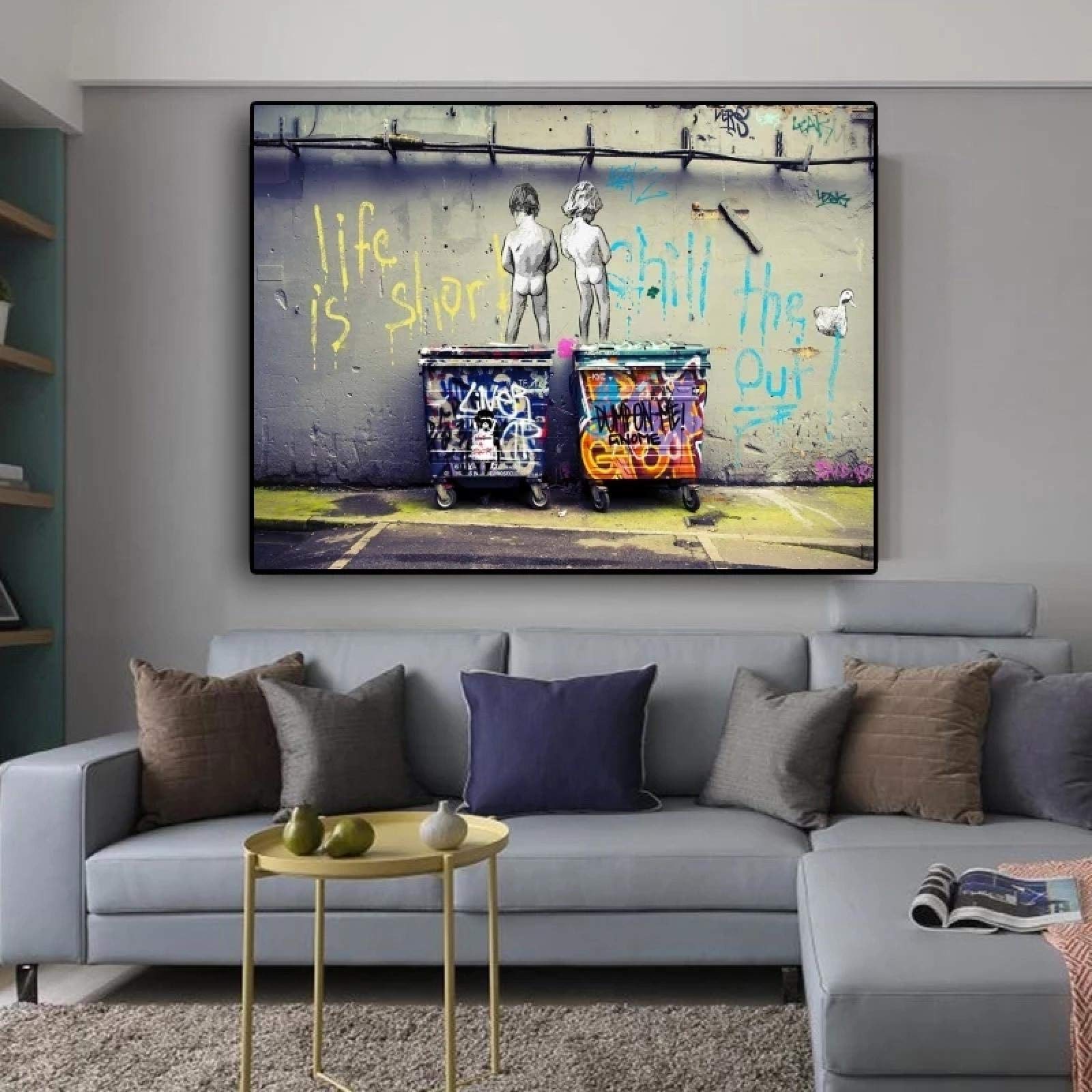Banksy Street Art "Life Is Short Chill The Duck Out", carteles e impresiones de lienzo de graffiti, cuadros de pared para decoración del hogar, pintura, marco interior de 70 x 110 cm (27,5 x 43in)