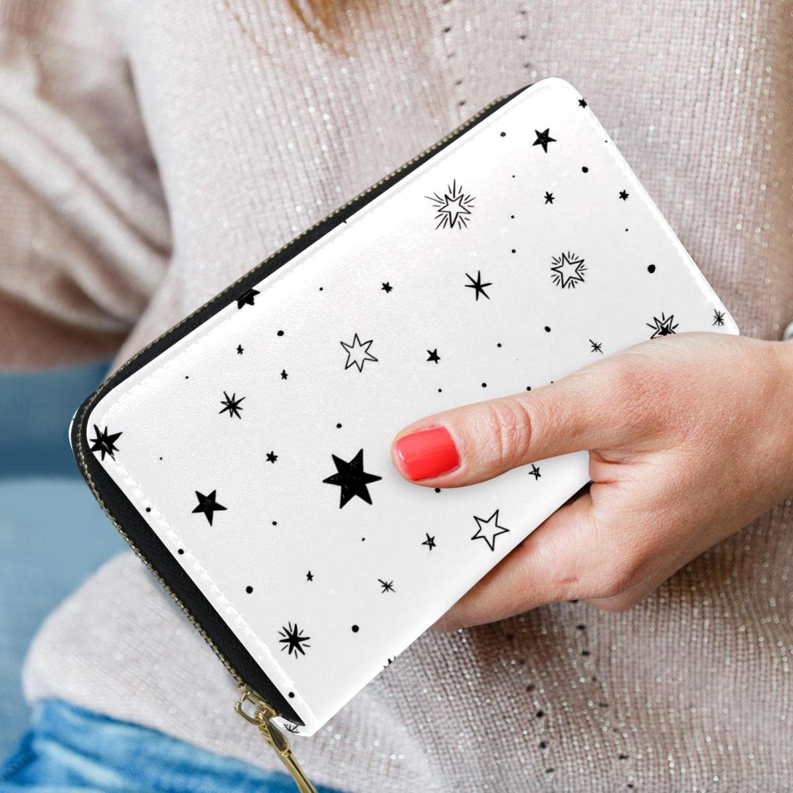 Cartera de piel con cremallera y fondo blanco con estrellas negras, Varios colores, 20.5x2.5x11.5cm/8.07x1x4.53 in, Classic