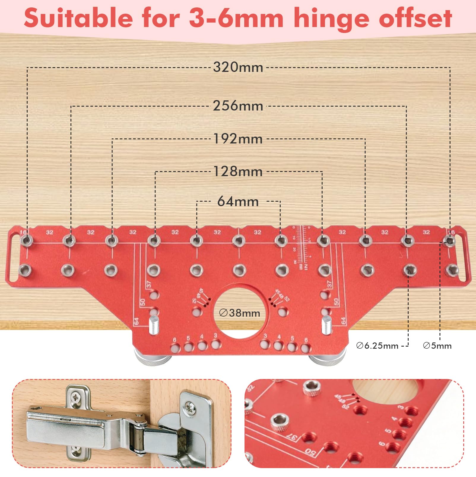 Plantilla de Taladro de Aluminio 35cm 2-en-1 para Espigas de Estantería y Bisagras de Cazoleta
