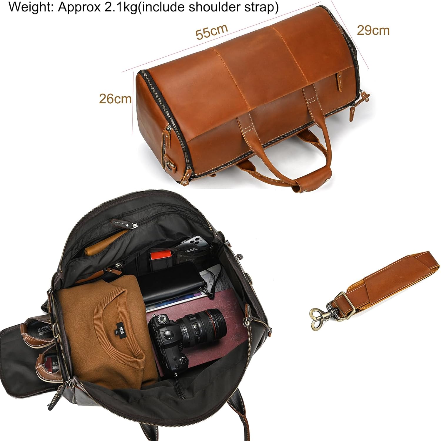 Full-grain Leather Garment Bag Large Capacity Travel Bag Business Suit Carrier Bag with Shoe Compartment, Overnight Gym Sports Duffel Bags for Men Women, Light Brown