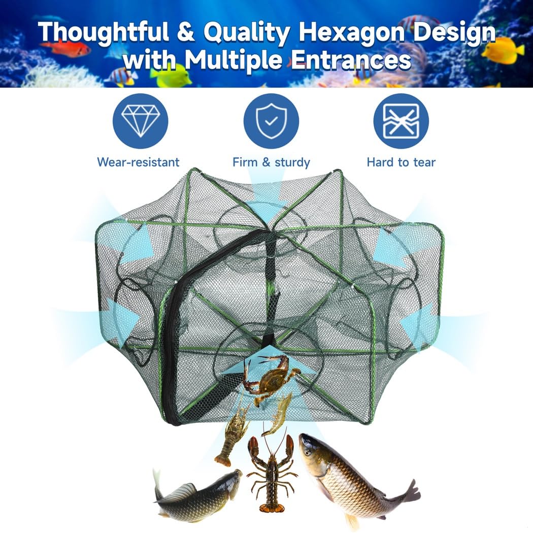 3 trampas de pesca plegables, redes hexagonales y cilíndricas portátiles para camarones, cangrejos y cangrejos