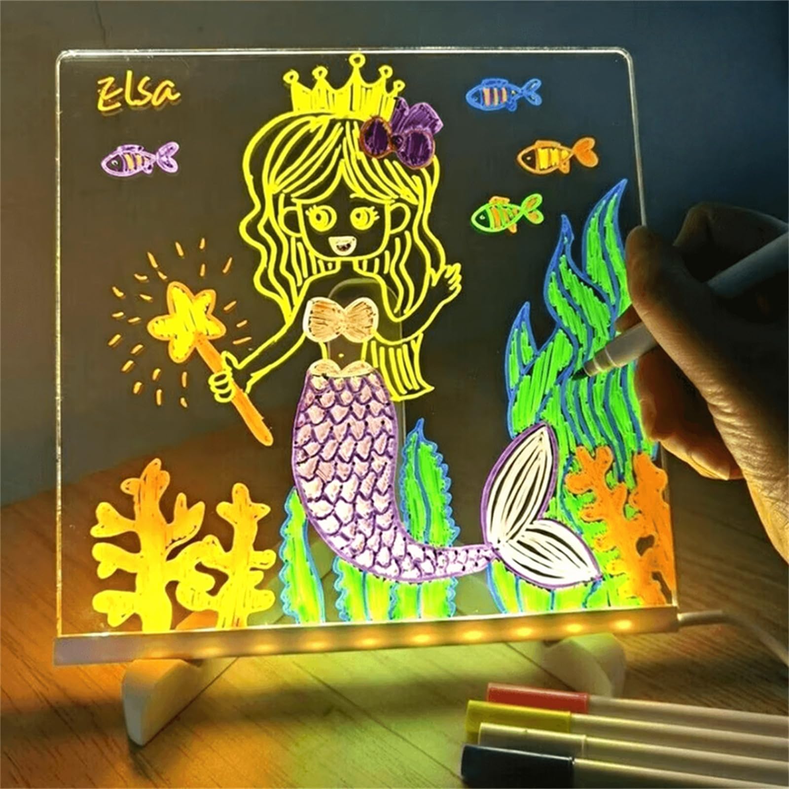 Tablette lumineuse Wondiko Tableau blanc LED acrylique transparent effaçable avec 7 couleurs et support réglable, panneau d’écriture lumineux pour bureau maison café