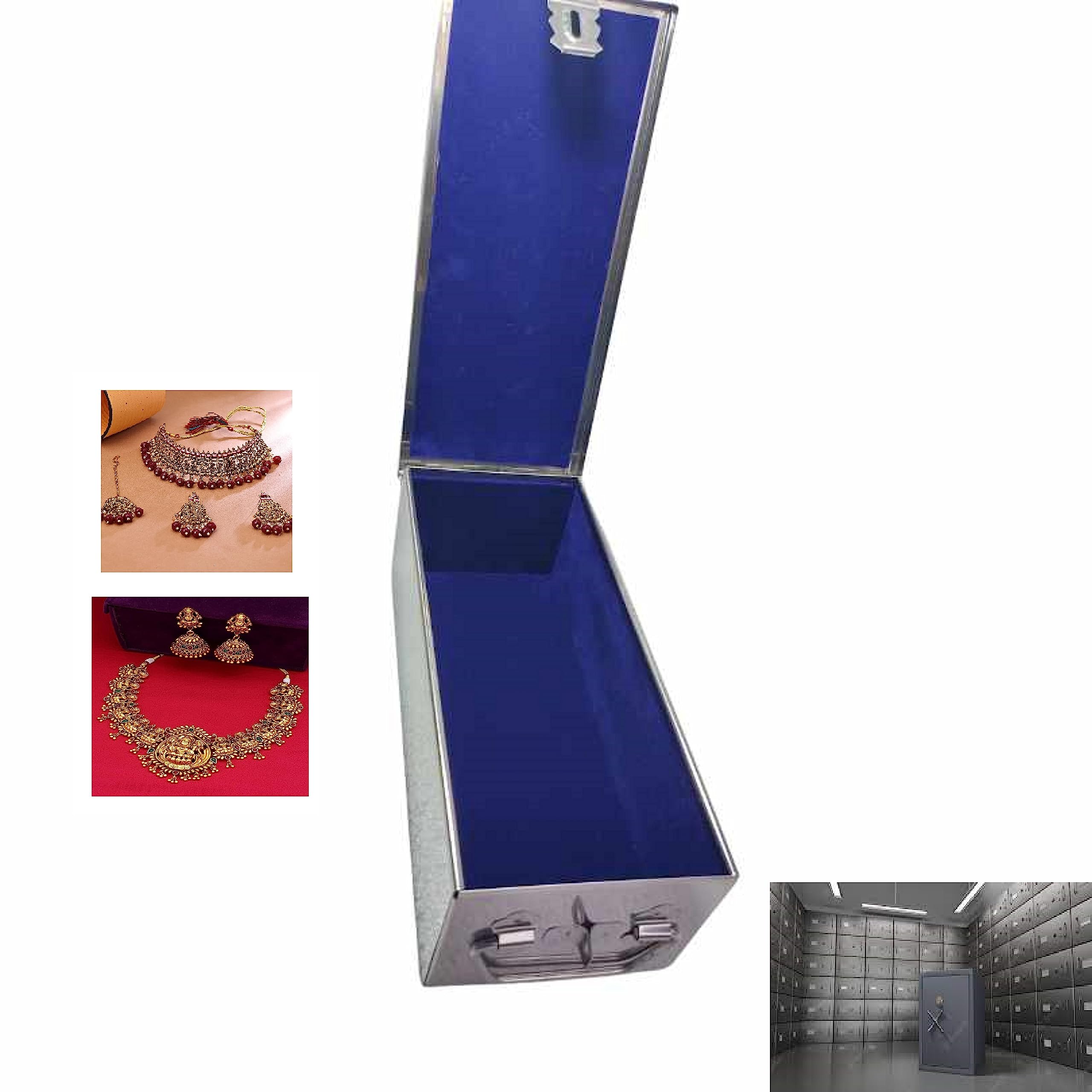 Crevita Stainless Steel Safe Bank Locker Jewellery Ornaments Storage And Cash Container Box with Velvet Lining (Sky Blue) & Handicrafts Digital Minakari Laser Print Design Size- 10 Inch-image-28