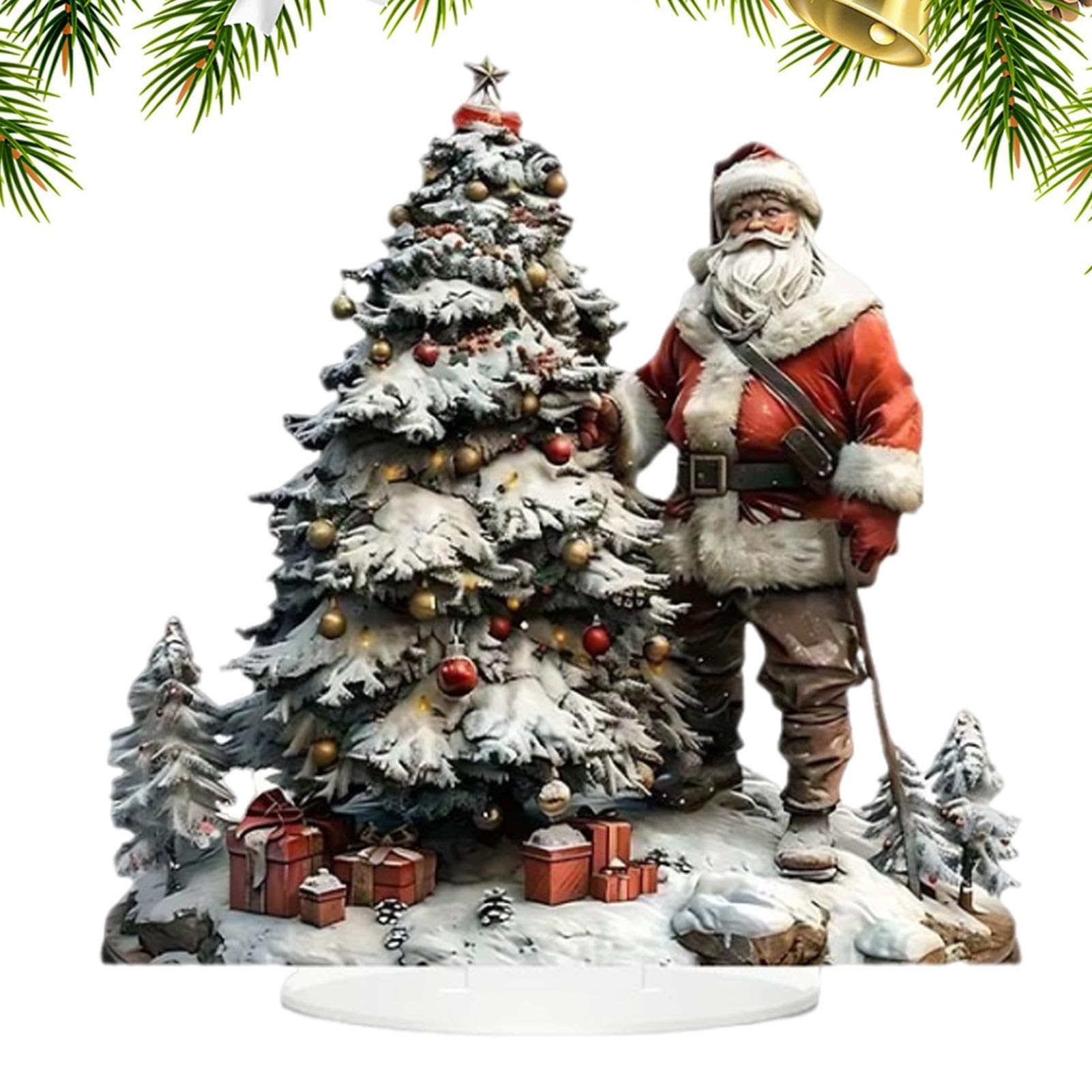 Ruwshuuk de resina de Papá Noel, decoración de Papá Noel | Figura navideña acrílica 2D con árbol de Navidad,Decoración de bandeja escalonada, adorno de escritorio de Navidad de granja impermeable para