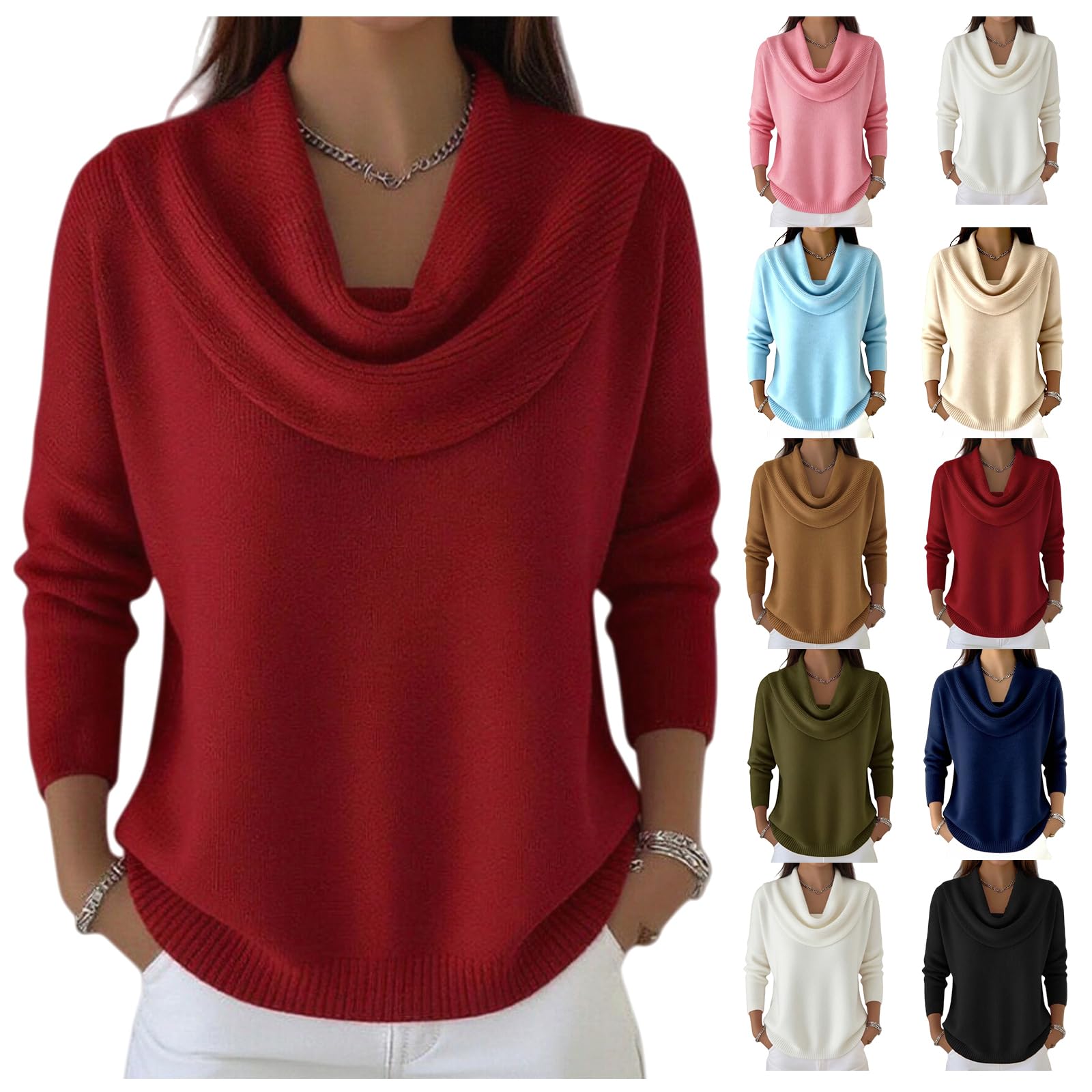 Womens Cowl Neck Sweater Casual Loose Sweaters Long Sleeve Knit Pullover Jumper Tops Fall Winter Shirts Knitwear