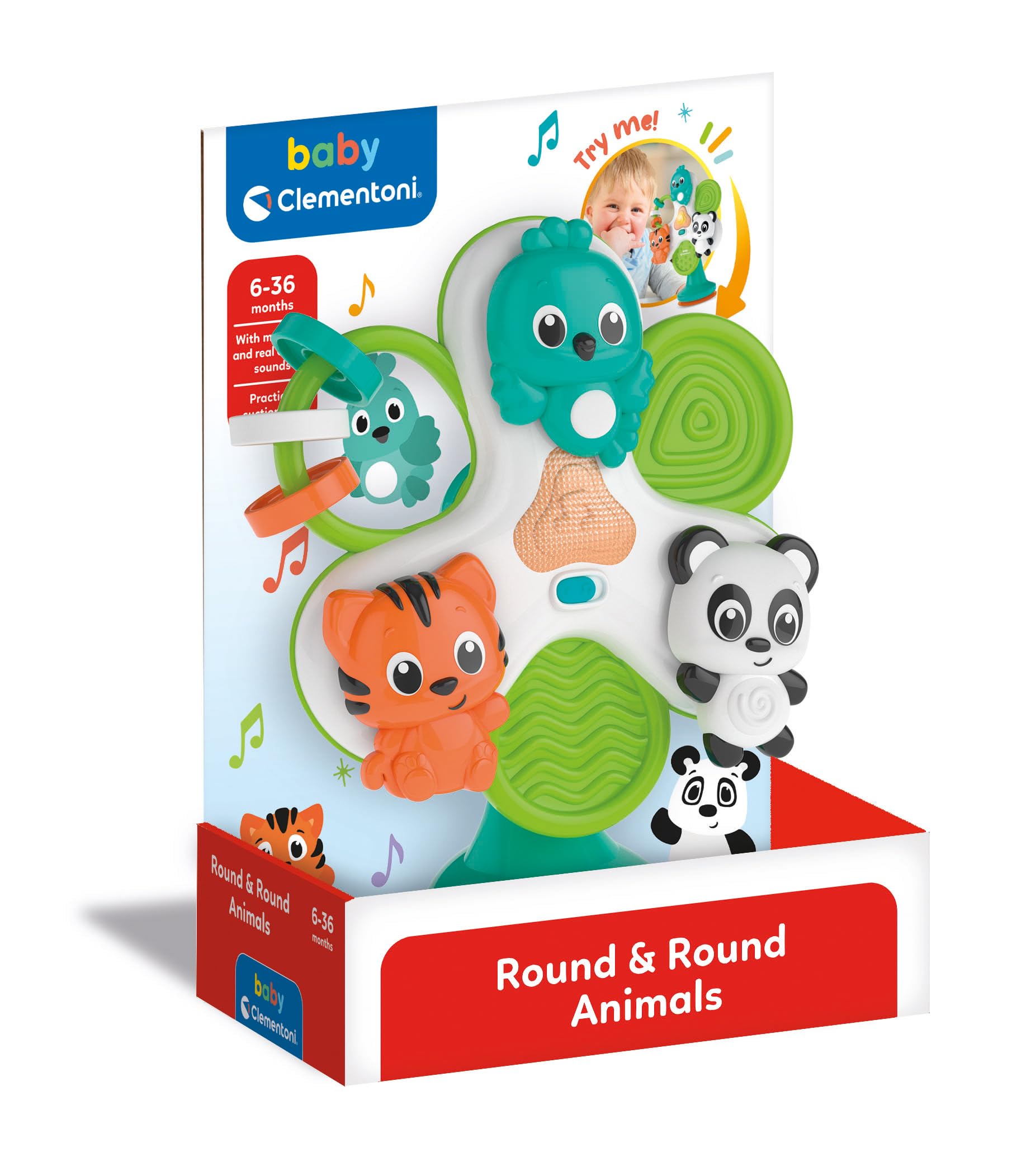 Clementoni Juego Con Ventosa Para Trona – Round & Round Animals Con Melodías Y Luces