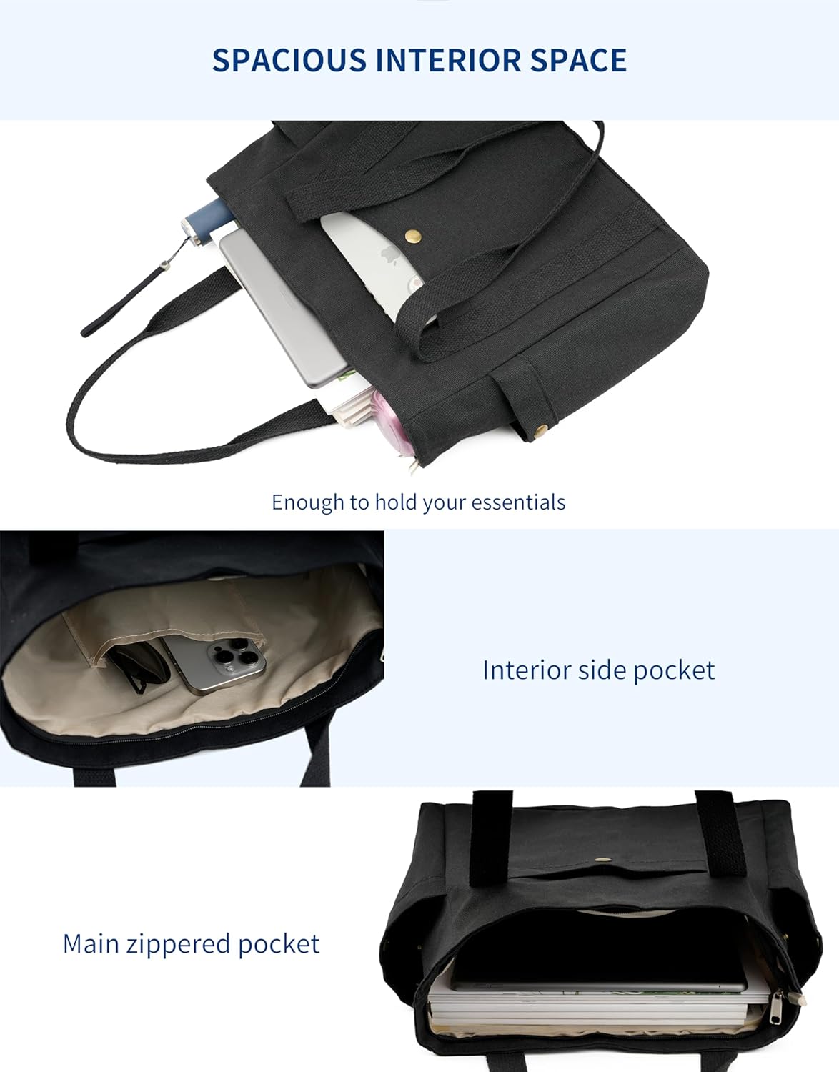 REDSINDA Canvas Tote Bag with Zipper, Multiple Pockets for Daily Essentials, Travel, Work - Image 3