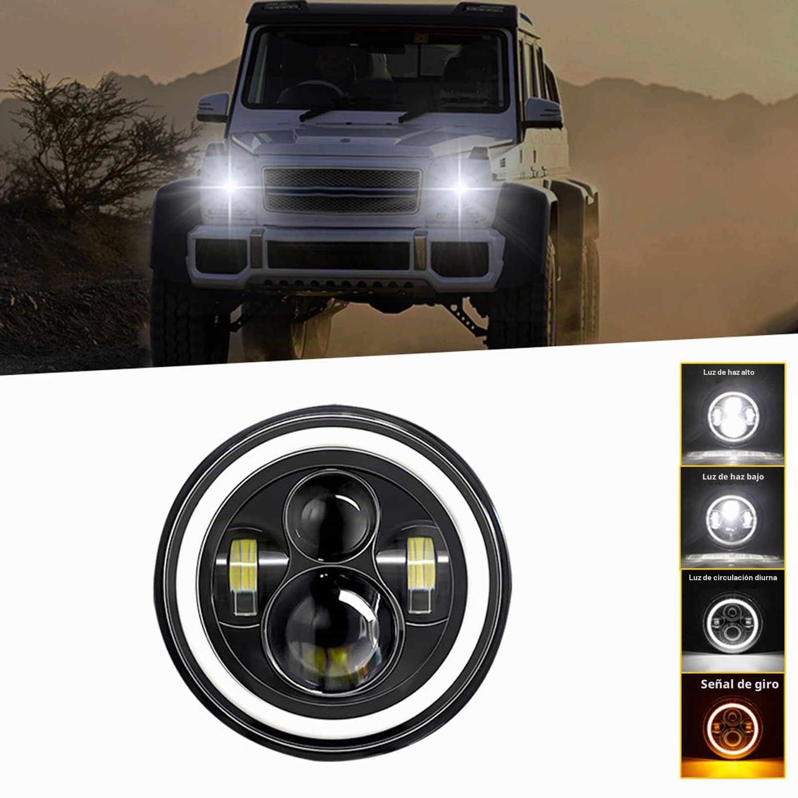 Shkalacar Faro Coche H4, Luz Faro Moto LED de 7 Pulgadas, 1pc/2pcs, con DRL/Señal de Giro/Haz Bajo/Haz Alto, Faro Redondo 6000K, 100W/140W, IP67 para vehículos de 9 V-30 V Auto, Moto, Camiones etc.