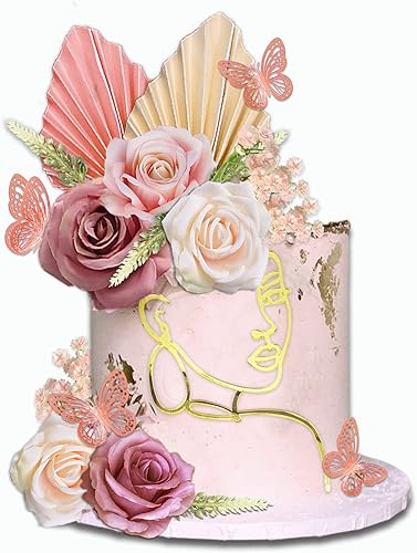 26 piezas de decoración de pastel de mariposa, decoración de pastel de mariposa, acrílico, minimalista, arte de dama con hojas de palma, flores
