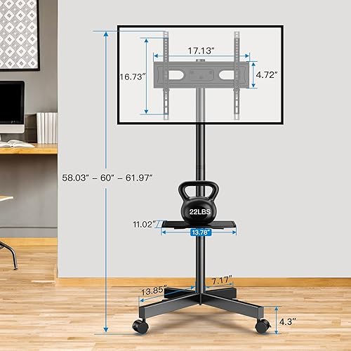 Miniatura 9 de PERLESMITH Soporte de TV móvil para televisores de pantalla LCD LED plana/curvada de 23 a 60 pulgadas, carrito de TV inclinable con capacidad para