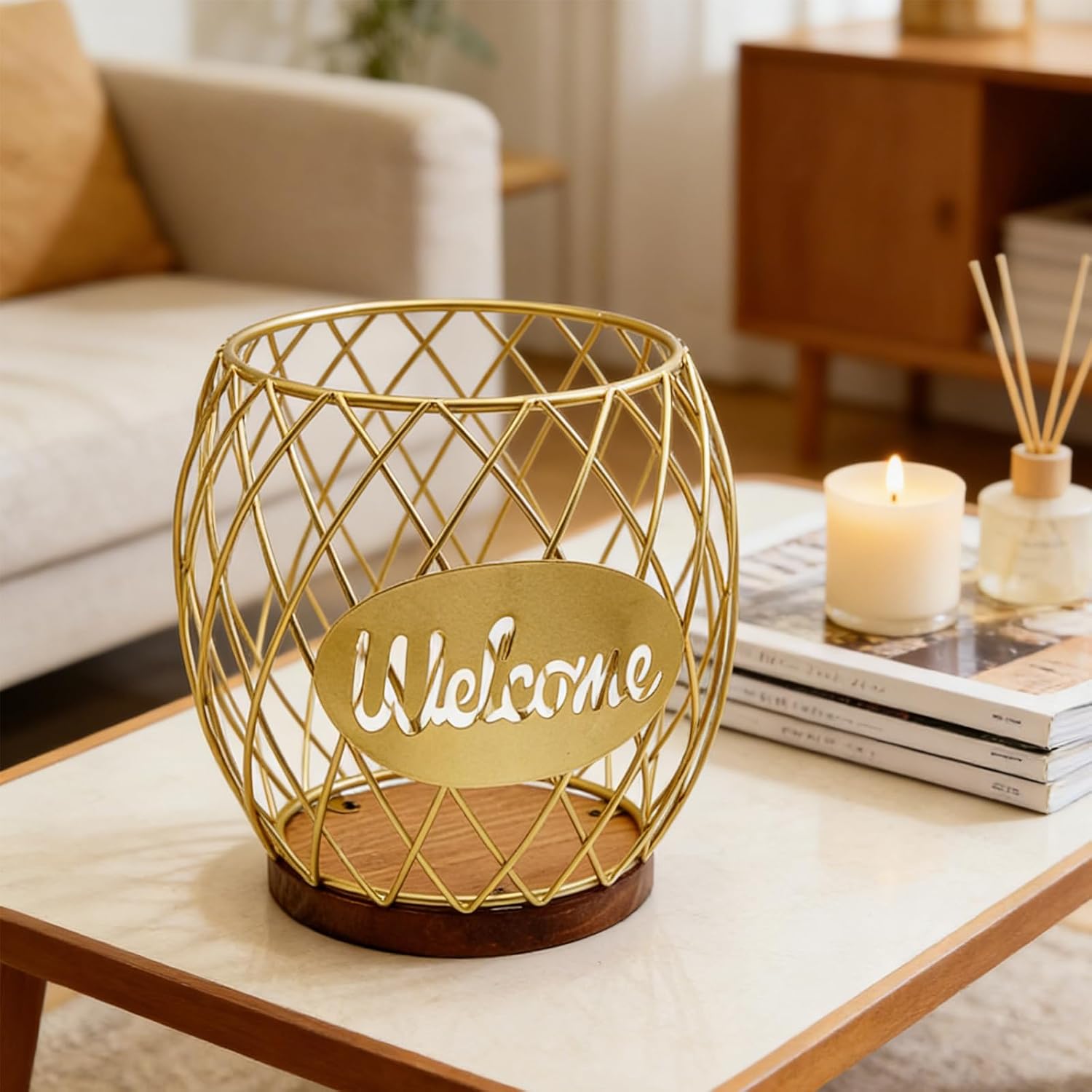 Modern Geometric Iron Fruit Detail Organiser Basket with Wooden Base Perfect for Living Room and Coffee Shop Display Modern Geometric Iron Fruit Detail Organiser Basket