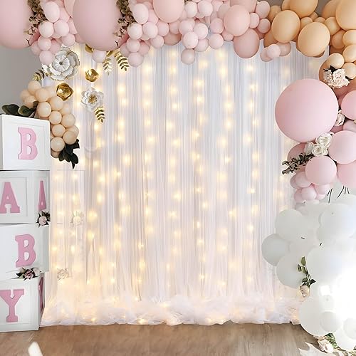 Miniatura 5 de Cortina de telón de fondo de tul blanco de 10 x 10 pies con cuerda de luz para bodas, fiestas, doble capa, sin arrugas, foto, telón de fondo de tul