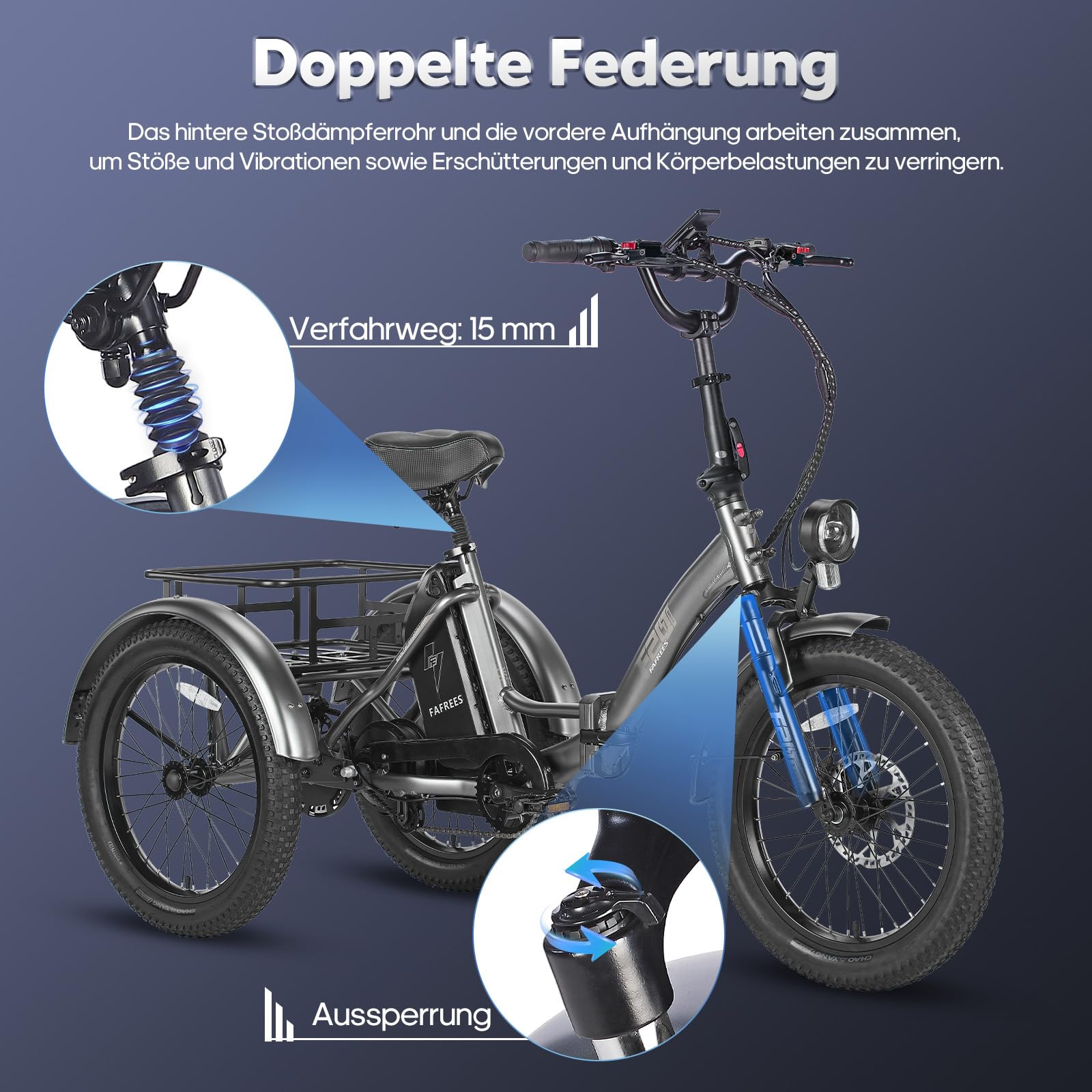 Fafrees F20 Mate faltbares Elektro-Dreirad E-Bike 20 Zoll Fat Tire, 48V 20Ah Akku 120km, hydraulische Feststellbremsen, 180kg Traglast mit Korb