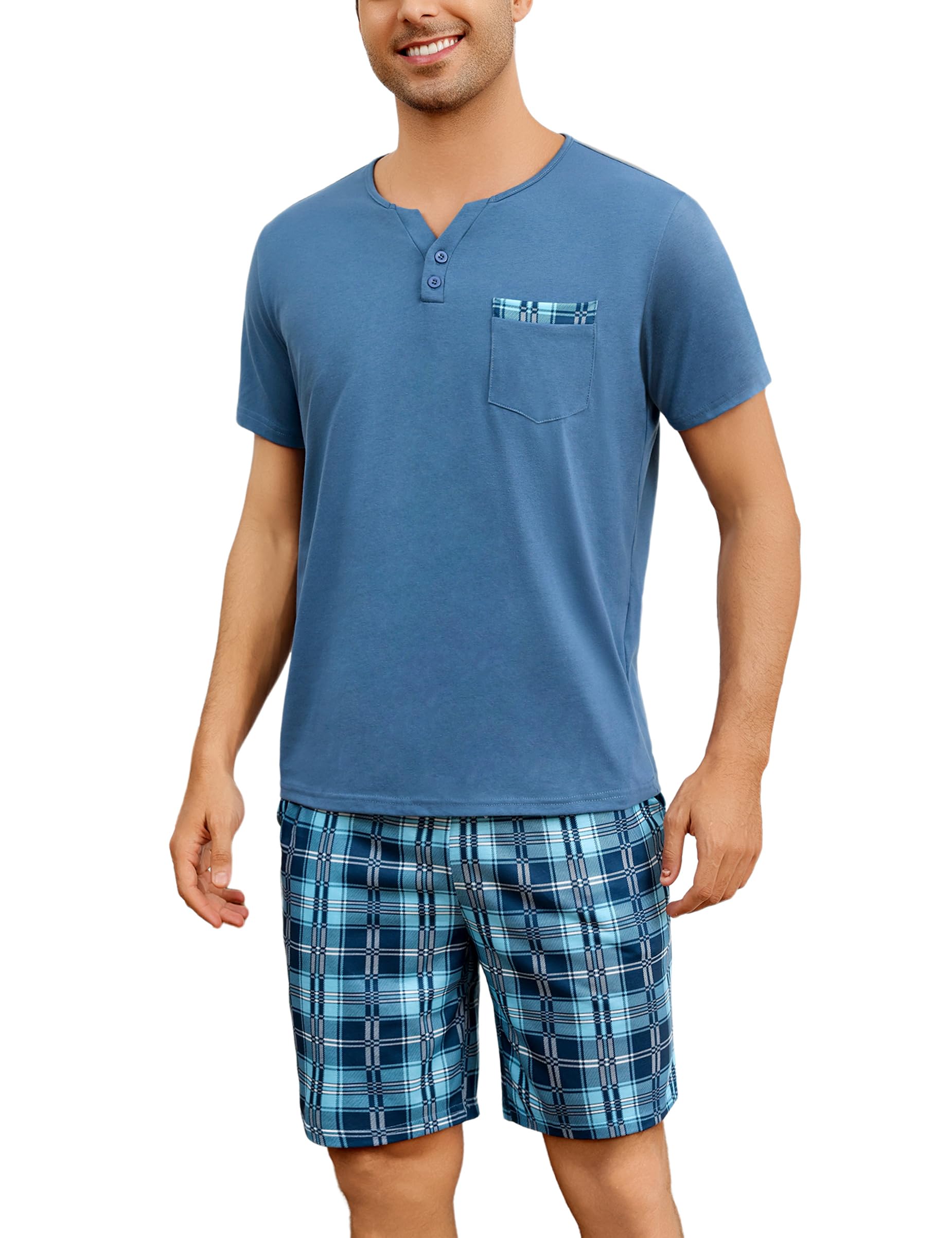 Bresdk Shchlafanzug Herren Pyjama Kurz Baumwolle mit 2 Knöpfen Kariert Sommer Männer Nachtwäsche S-3XL