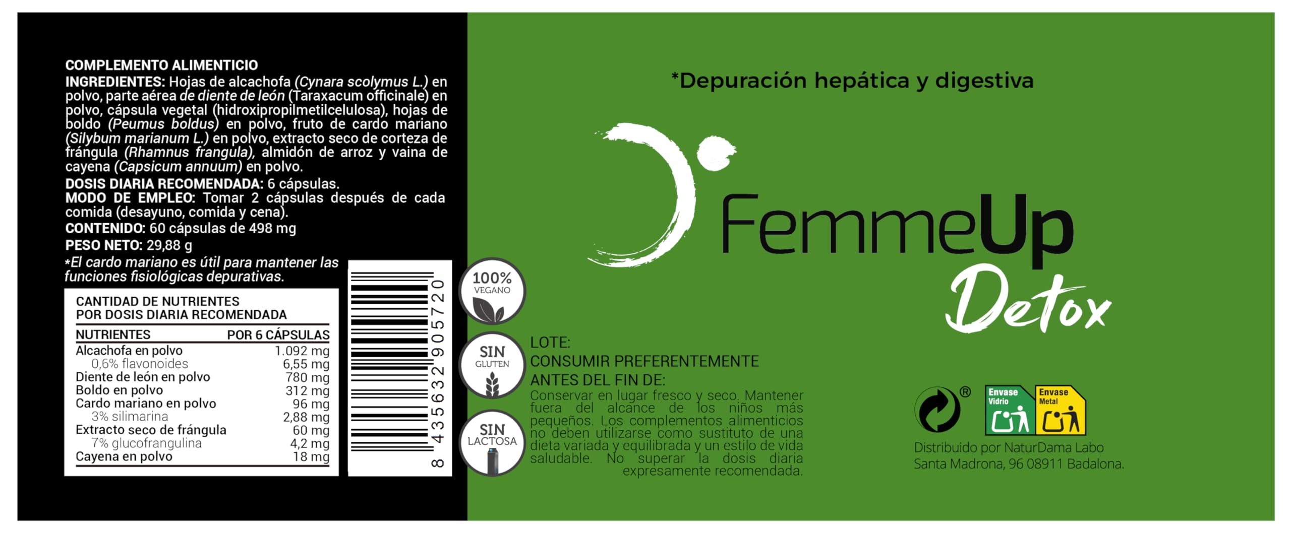 Detox – Depurativo Natural Hígado y Digestivo/Alcachofa, Cardo Mariano, Diente de León y Boldo/Detox Hepático Vegano/Sin Gluten ni Lactosa / 60 Cápsulas/Sin Quema Grasas