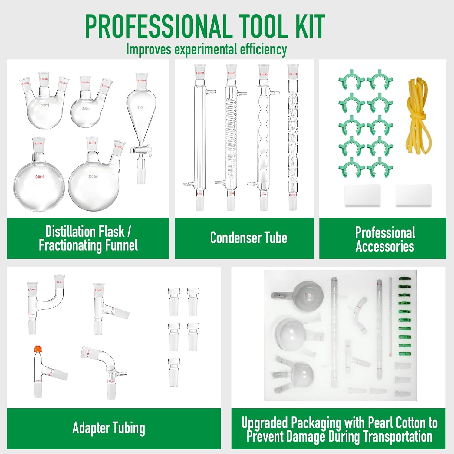 New Laboratory Glassware 24/40 Chemistry Glassware 32PCS Chemistry Lab Glassware Kit 250 1000ml for Distillations Separation Purification Synthe（24/40, 32PCS）